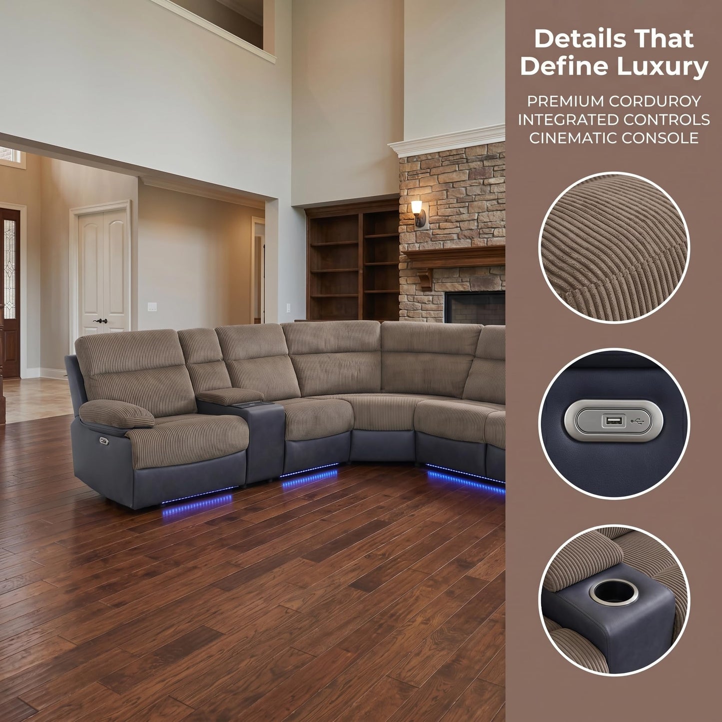 Trygoal Power Reclining Sectional Sofa Set, Modern L-Shaped Couch with Recliner, 4 Seat Power Reclining Sofa, Reclining Sectional Couches for Living Room, Home, Office, Corduroy, Brown