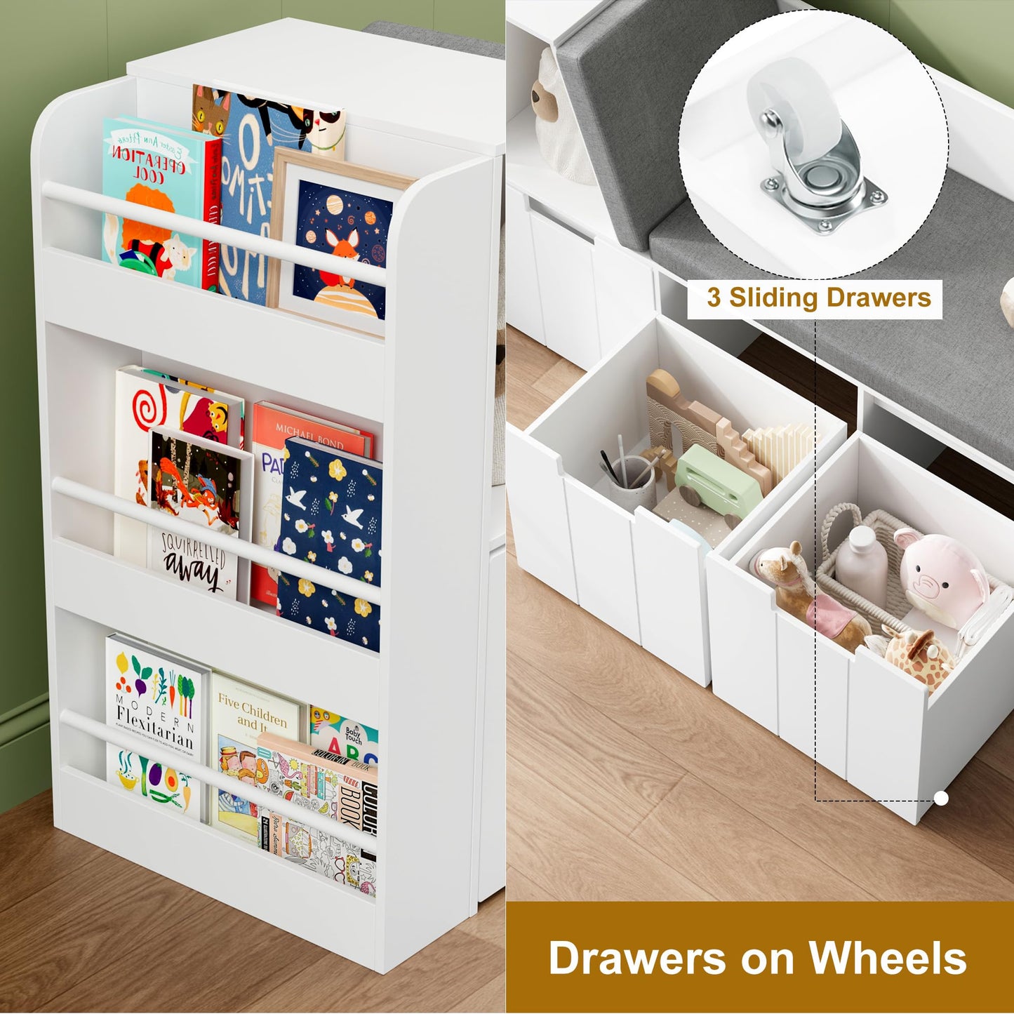 BOTLOG 61.5" Kids Reading Nook with 3-Layer Bookshelf, Reading Nook for Kids with Double Bench and Rolling Drawers, Bookshelf and Toy Storage for Nursery, Playroom (White)
