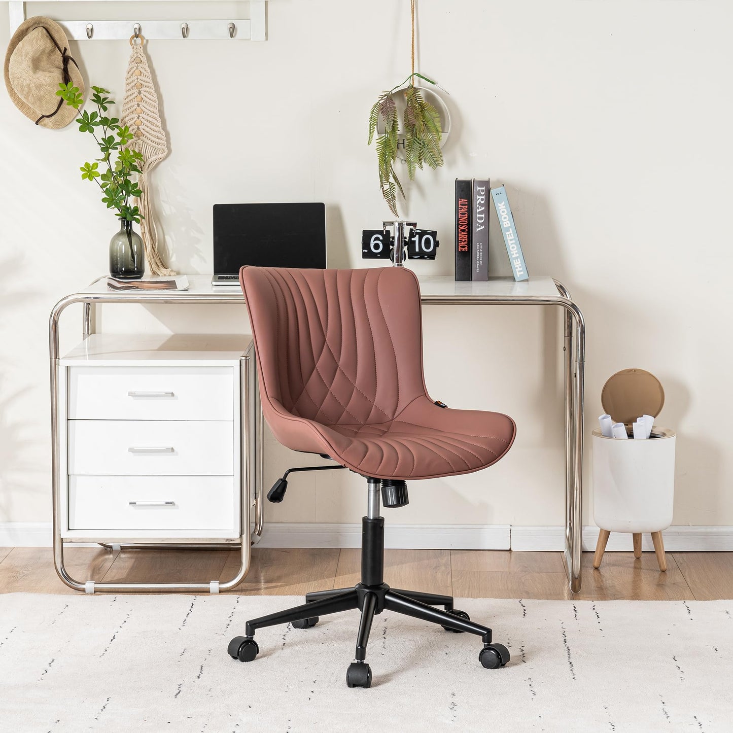 YOUNIKE Office Chair, Armless Desk Chair with Wheels, Adjustable Swivel Home Office Computer Task Chairs, Modern Faux Leather Upholstered Vanity Chair with Back, Dusty Rose