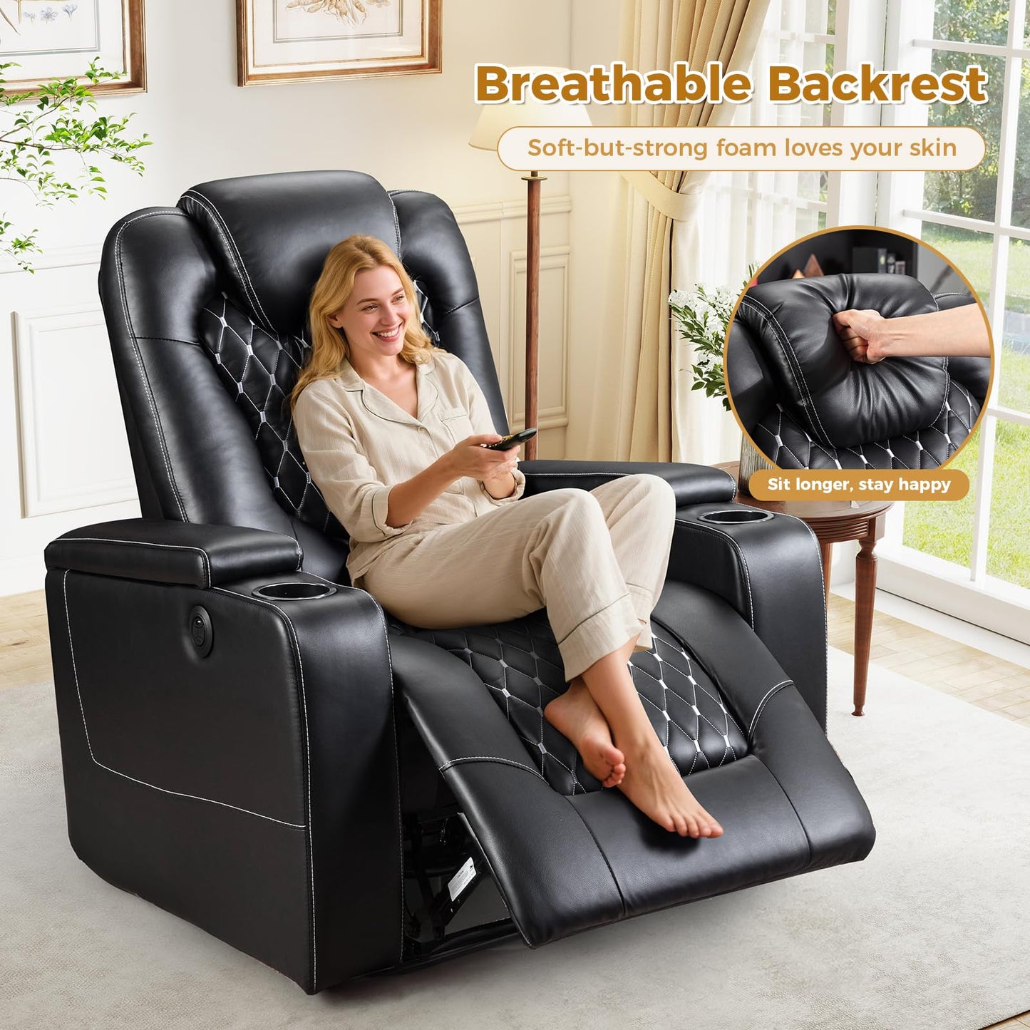 ANJ Power Recliner Chair with USB Ports and Cup Holders - Overstuffed Electric Home Theater Seating PU Leather Reclining Furniture with Hidden Arm Storage, Easy to Clean (Black)