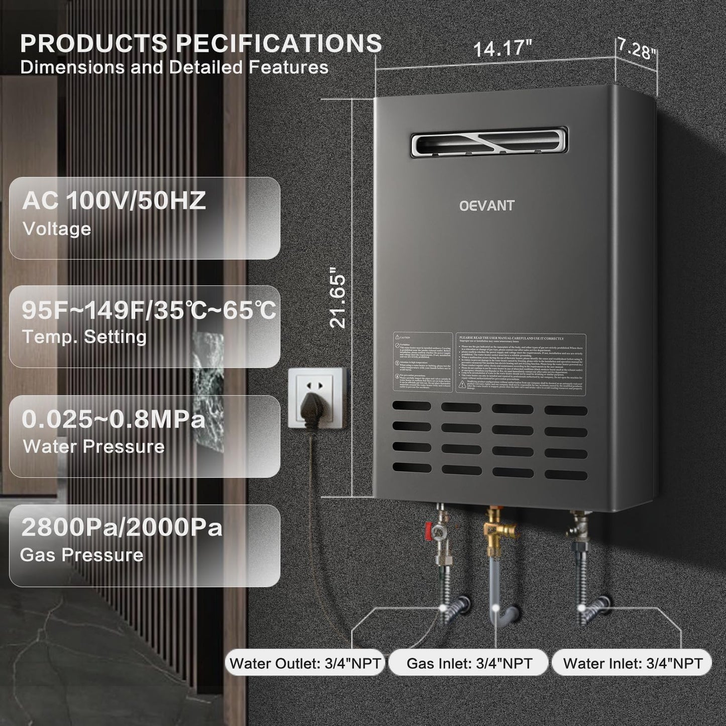OEVANT Outdoor Tankless Water Heater, 130,000 BTU/5.3 GPM Propane Instant Hot Water Heater with CSA Certified＆Smart Temperature Control, Propane Gas, Security Protections for Whole House-Silver Gray