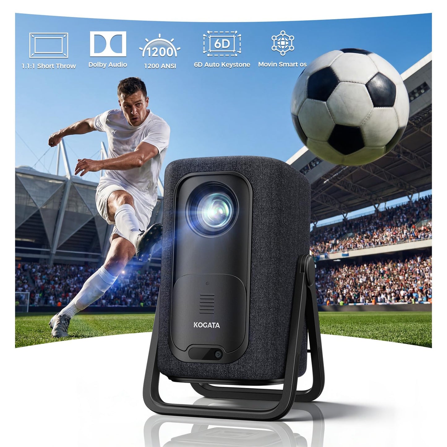 Short Throw Projector 4K Compatible with Netflix,1200ANSI Ceiling Projector Portable for Bedroom/Outdoor Auto focus 6D Keystone Dolby Smart Home Projector with WiFi and Bluetooth 200''
