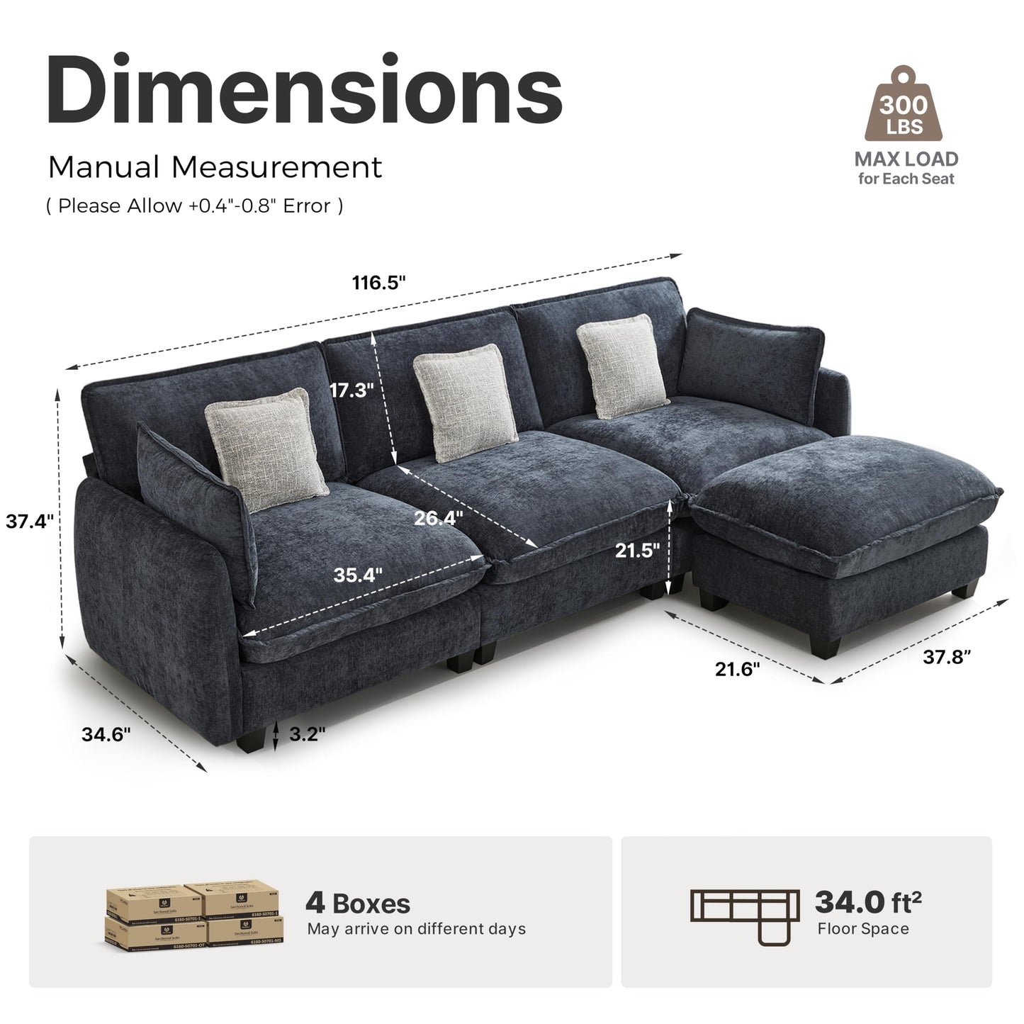 MCombo 117" Oversized Cloud Sectional Couch, Sectional Sofa with FSC Certified, L Shaped Couch with Ottoman for Living Room, Chenille S0701 (Black)