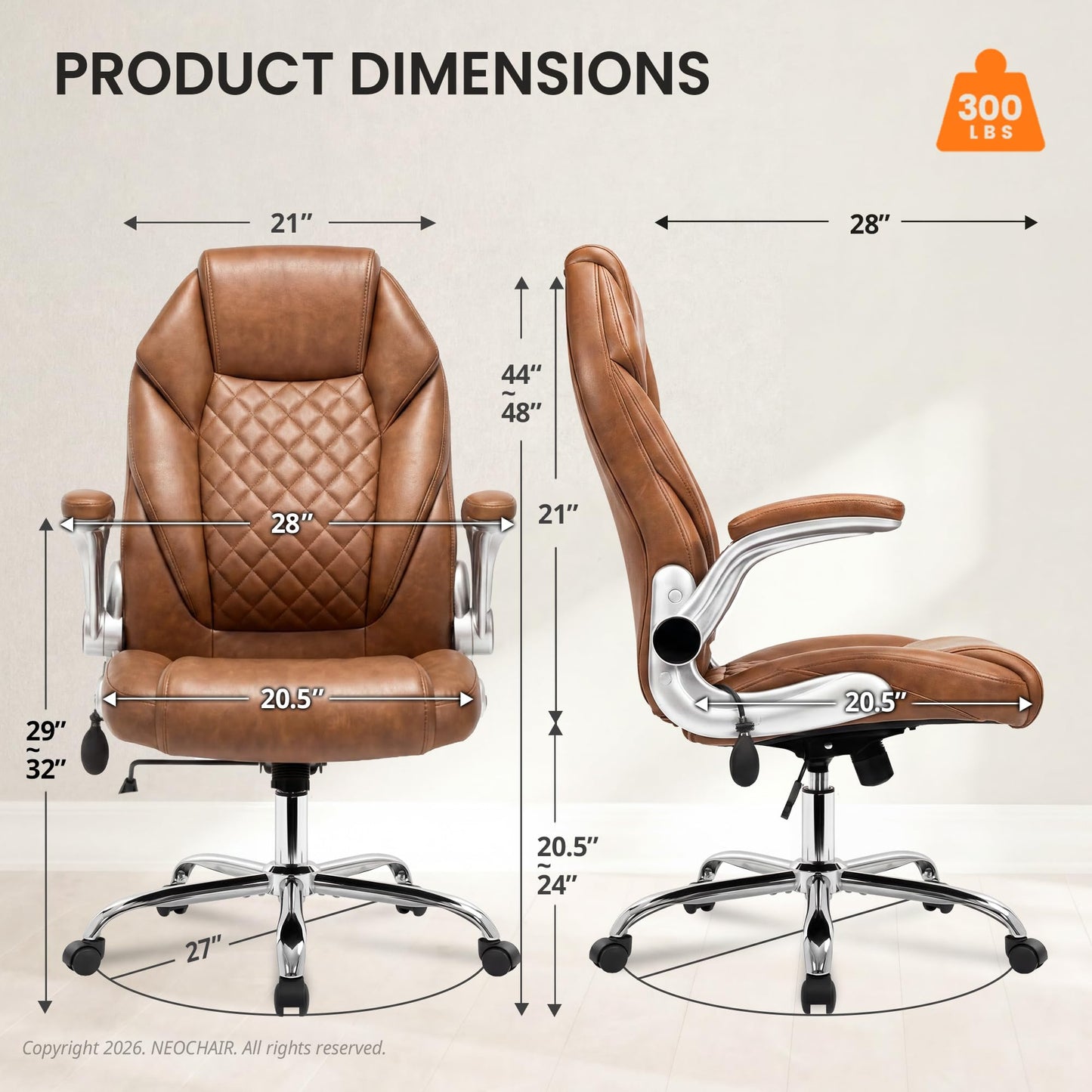 NEO Chair Executive Office Chair High Back Ergonomic Computer Desk Chair with Adjustable Lumbar Support Padded FILP-up Arms PU Leather Comfy Task Tilt Swivel for Home (Brown)