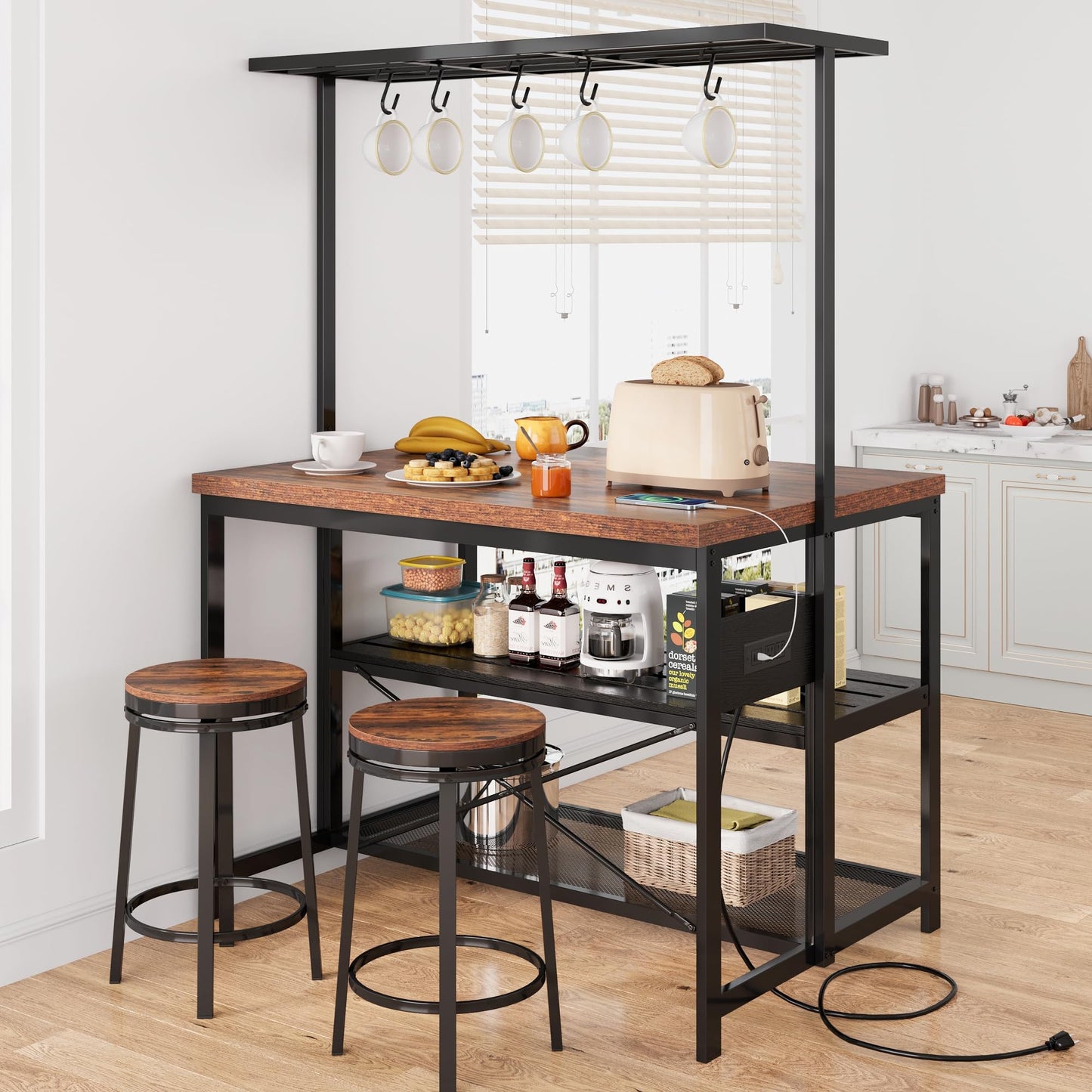 Garvee 47 in Kitchen Island with Power Outlets - Mobile Bakers Rack with 3 Shelves, Microwave Stand & 5 Hooks, 400 LB Capacity (Brown)