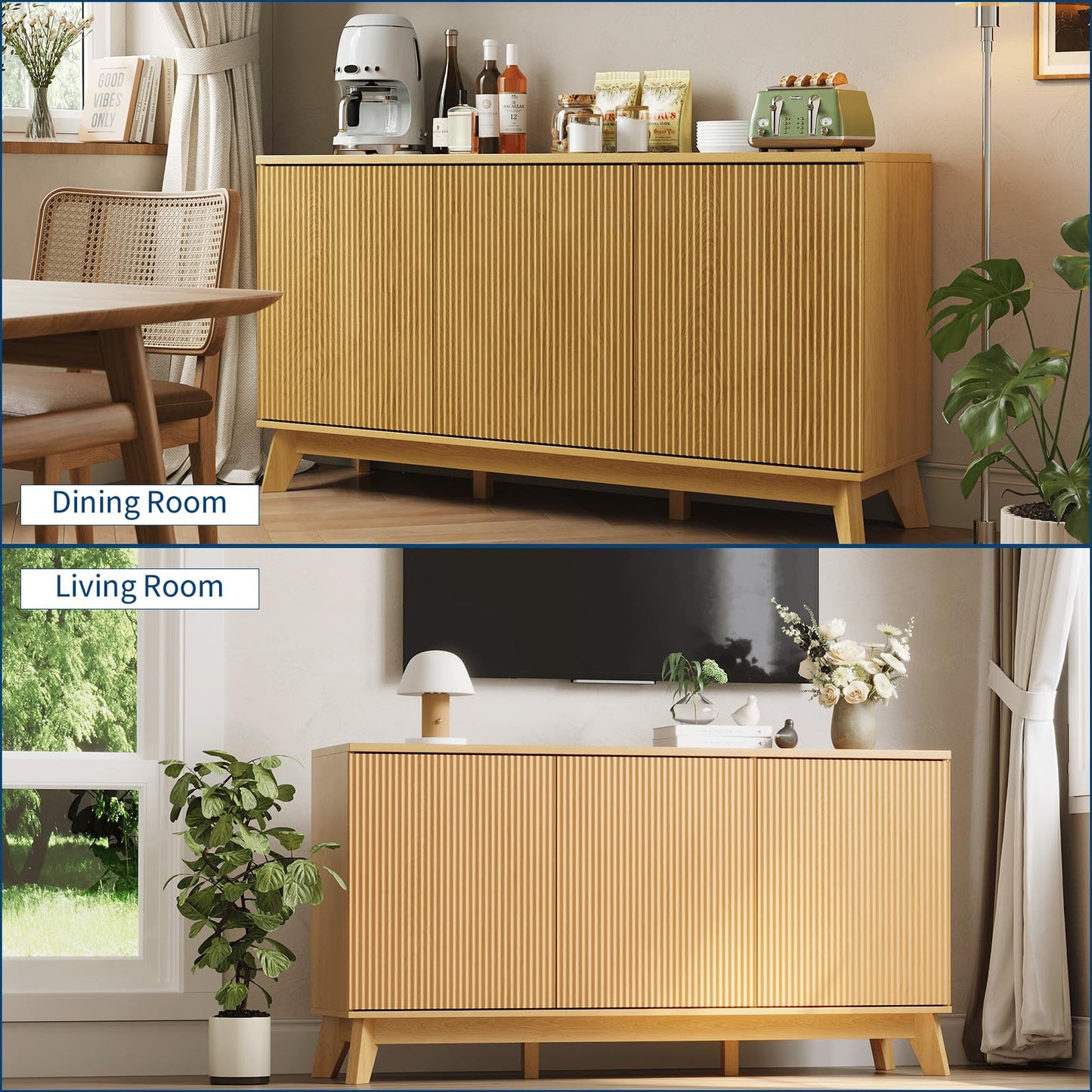 Garvee 58" Modern Farmhouse Buffet Cabinet with Curved Doors & Adjustable Shelves - Wood Storage Sideboard for Dining Room, Coffee Bar Console, Living Room