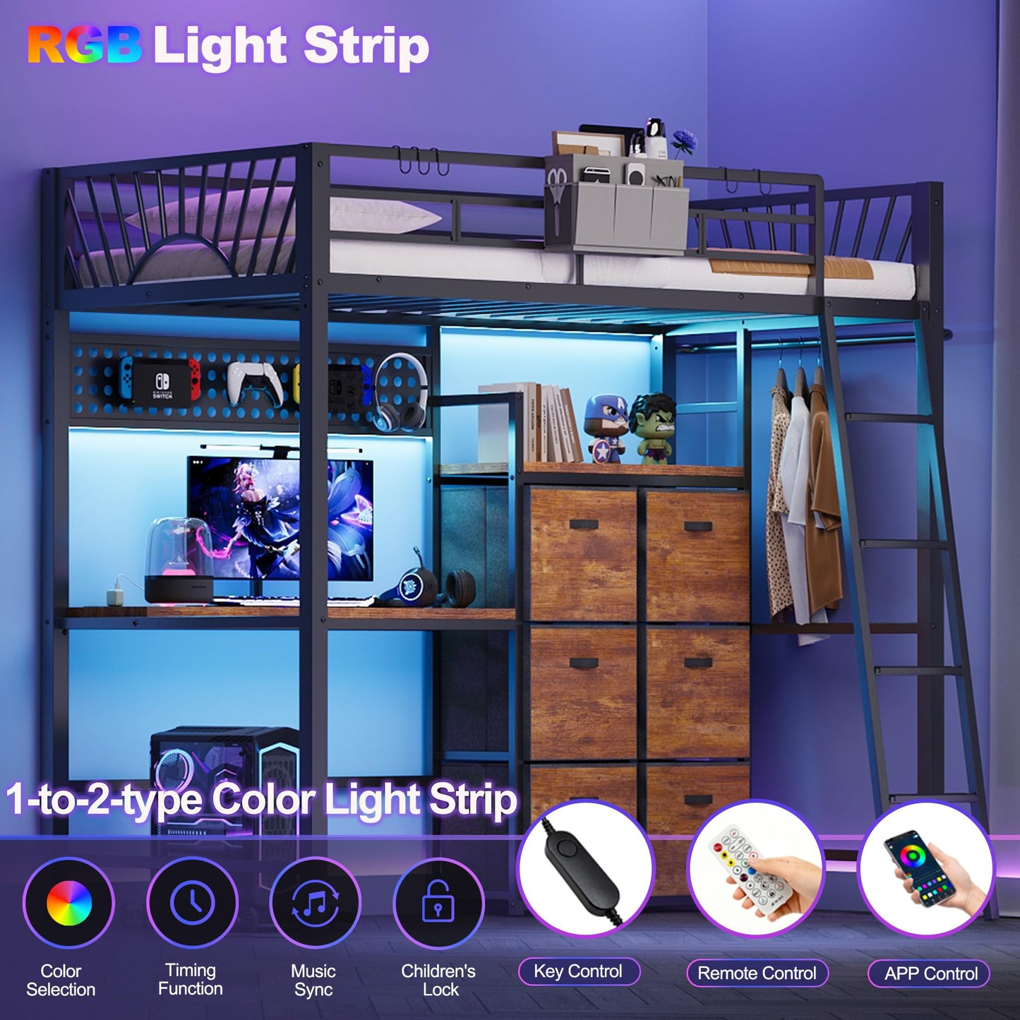 Decofy Twin Loft Bed with Desk and 6 Storage Drawers, Metal Loft Bed Twin Size with Charging Station & LED Lights, Bed Frame with Hanging Rod, Safety Ladder & Guardrail, Bedside Caddy for Kids, Teens