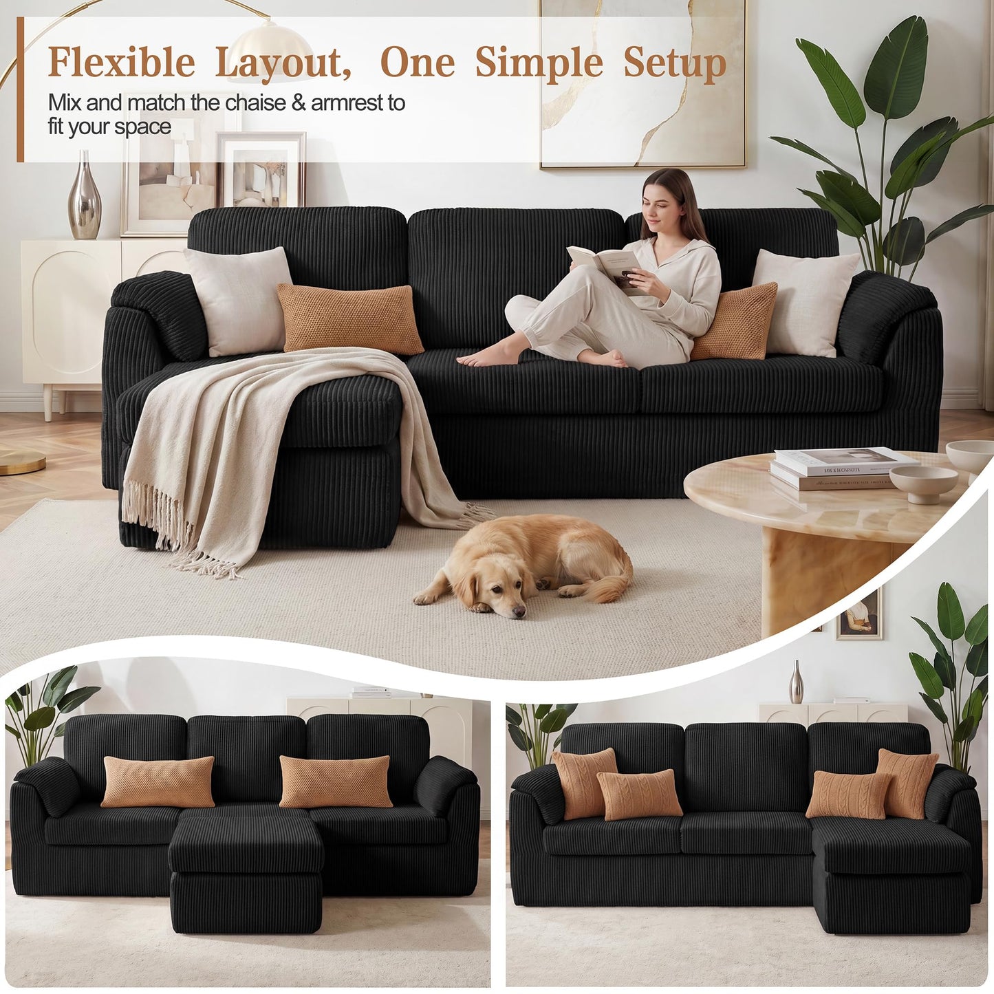 Vongrasig Boneless Convertible Sectional Sofa Couch, 3 Seat L Shaped Sofa with Removable Pillows Plush Corduroy Fabric Small Couches for Living Room, Apartment and Office, Black