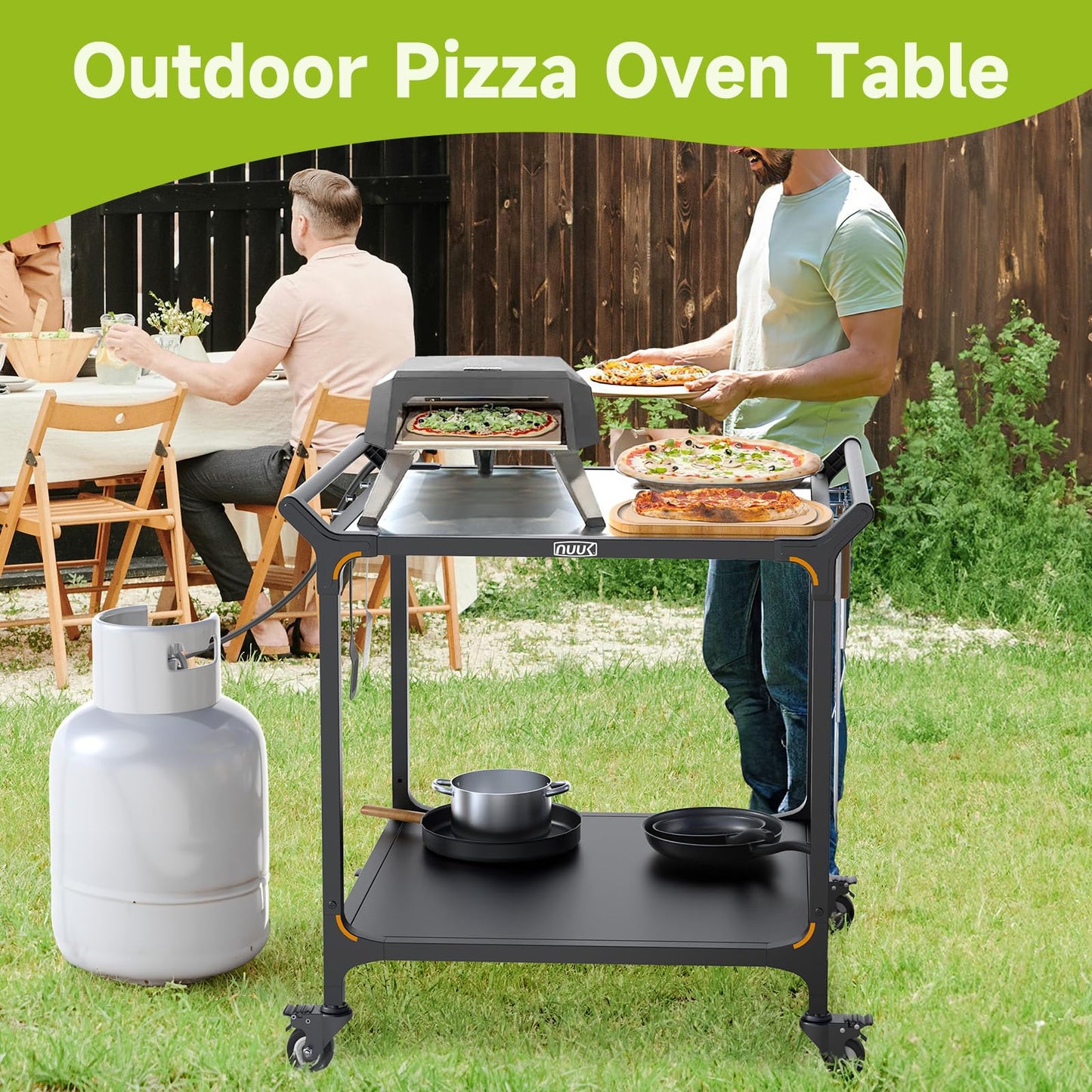 NUUK Outdoor Grill Cart on Wheel 32" x 32", Stainless Steel Pizza Oven Table with Double-Shelf, Rolling Countertop Kitchen Food Prep Cart for Backyard, Garden, Restaurant