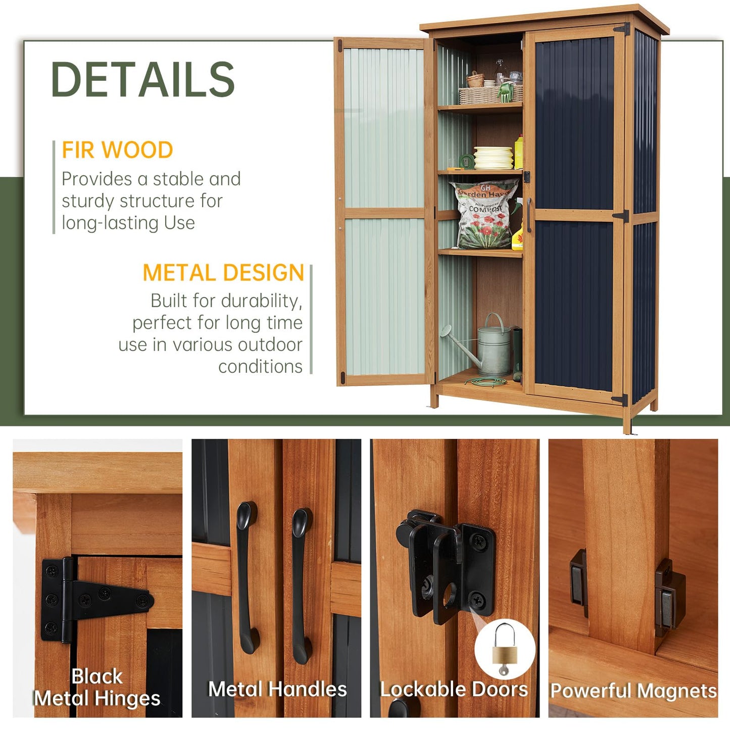Aoxun Outdoor Storage Cabinet Shed - Tall Tool Garden Vertical Cabinet with Weather-Resistant Roof, Double Lockable Doors, 3 Removable Shelves, for Backyard Garden Patio Lawn Indoor