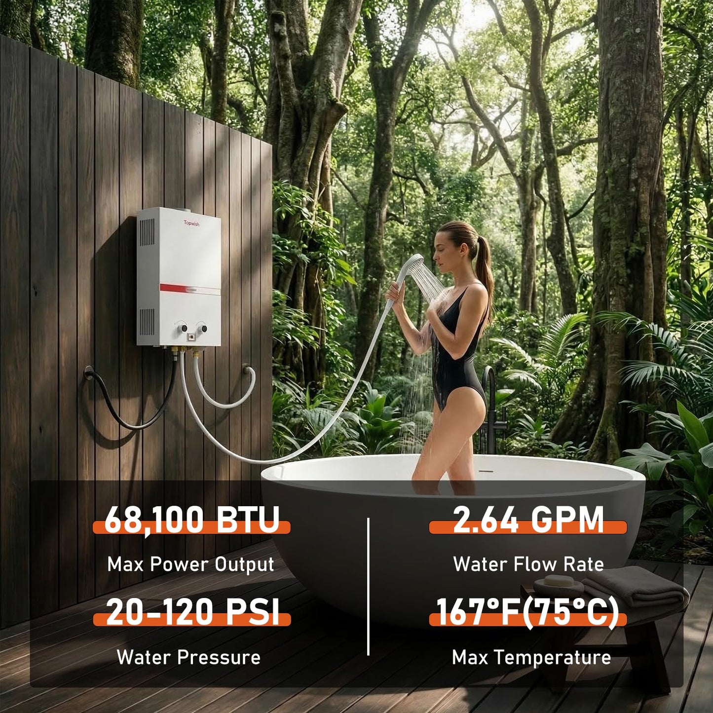 TOPWISH Portable Propane Water Heater Tankless, 10L 2.64GPM Instant Gas Hot Water Heater 68,100 BTU with Digital Display Overheating Protection for Outdoor Camping RV Cabin Shower