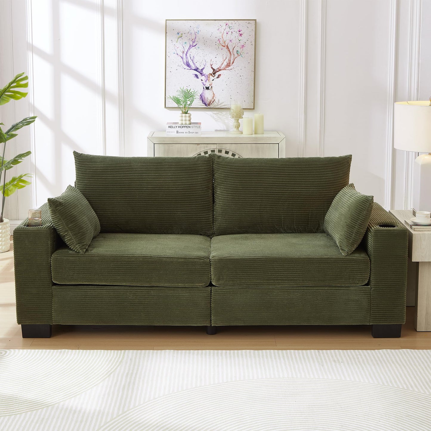 78" Cloud Loveseat Sofa, Modern 2 Seater Loveseat Couch with Dual Cup Holders & USB Charging Ports, Comfy Corduroy Upholstered Sofa with Side Storage Pockets for Apartment