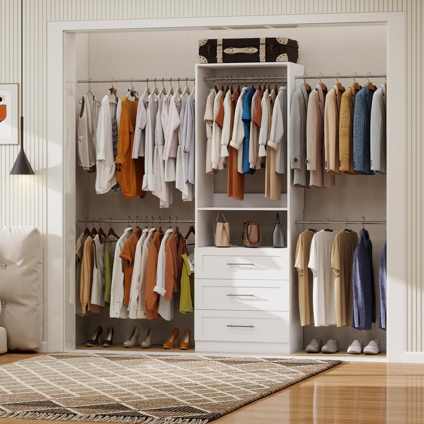 Secilix 5–9FT Closet System with 3 Wood Drawers, Closet Organizer System with 5 Expandable Hanging Rods, Walk-in Closet System with Shelves, Wall Mounted Built-in Closet Organization System