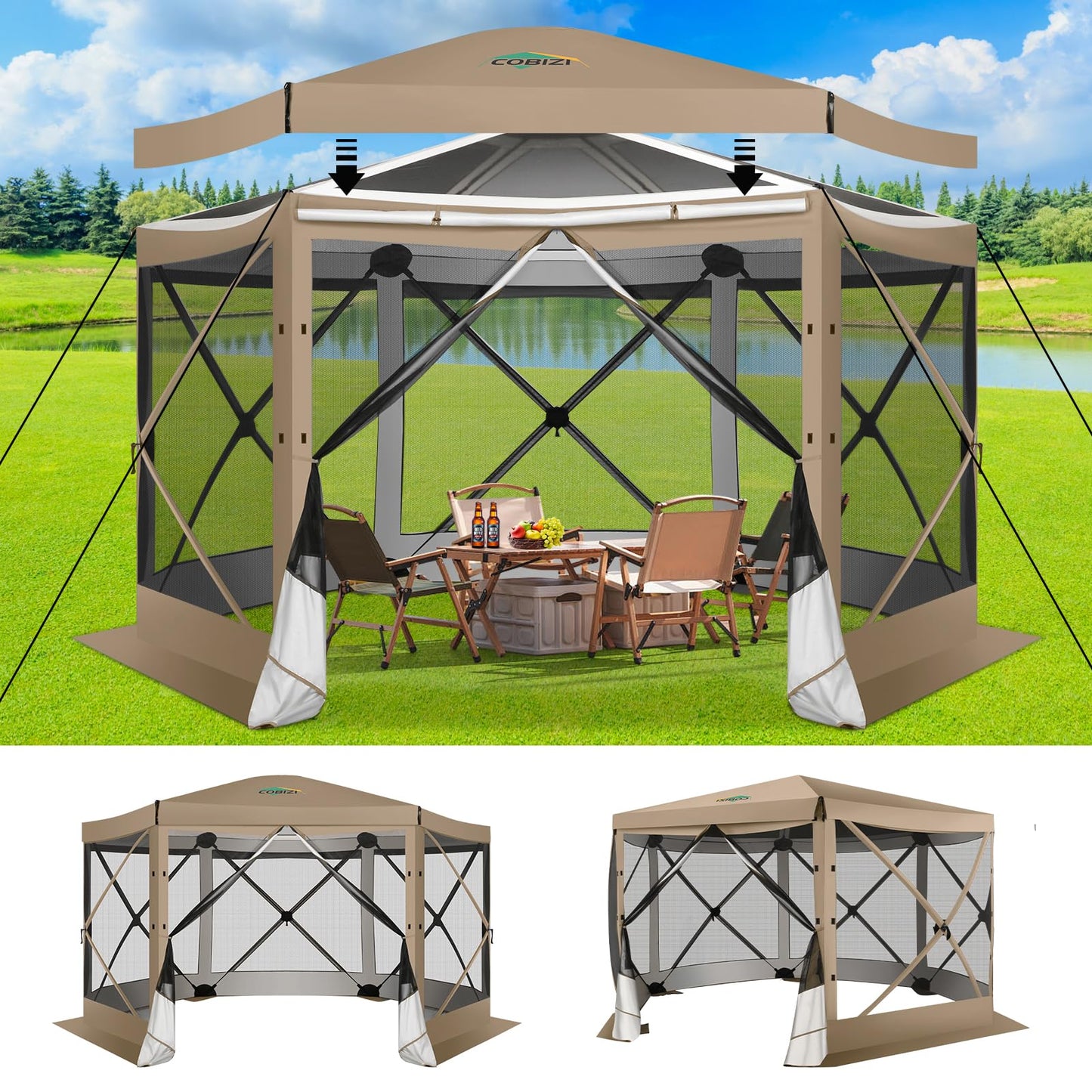 COBIZI 12x12 FT Pop Up Canopy Extendable Tent, Gazebos On Clearance, Screened in Gazebo,Screen Tents Portable carpas para Patio for Outdoor Camping,Backyard, Garden, Khaki(Upgraded)