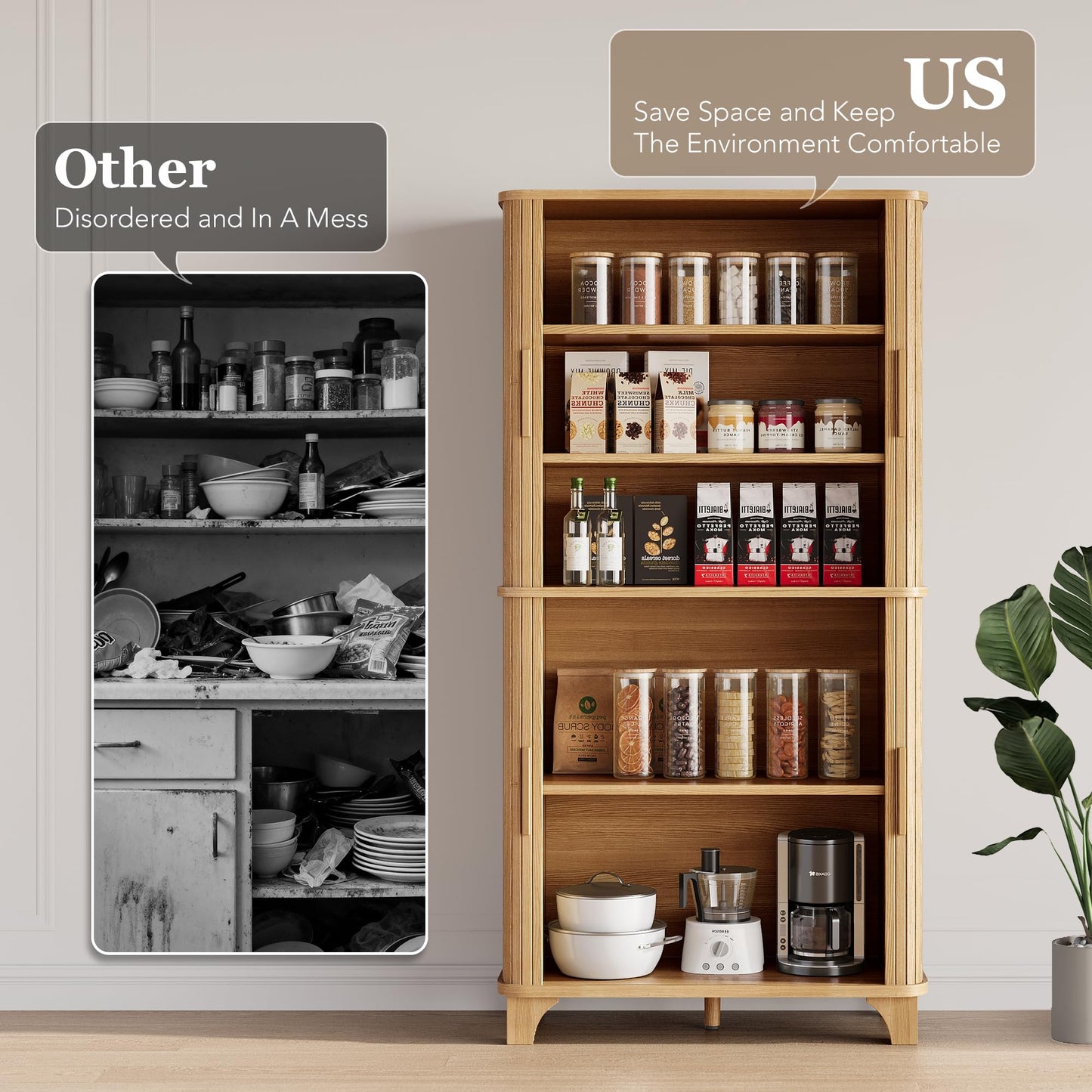 Decofy 69" Tall Kitchen Pantry Storage Cabinet with Sliding Door, Modern Curved Edge Pantry Storage Cabinet with 5 Shelves, Cupboard for the Kitchen, Dining Room, Bedroom, Living Room, Office (Oak)