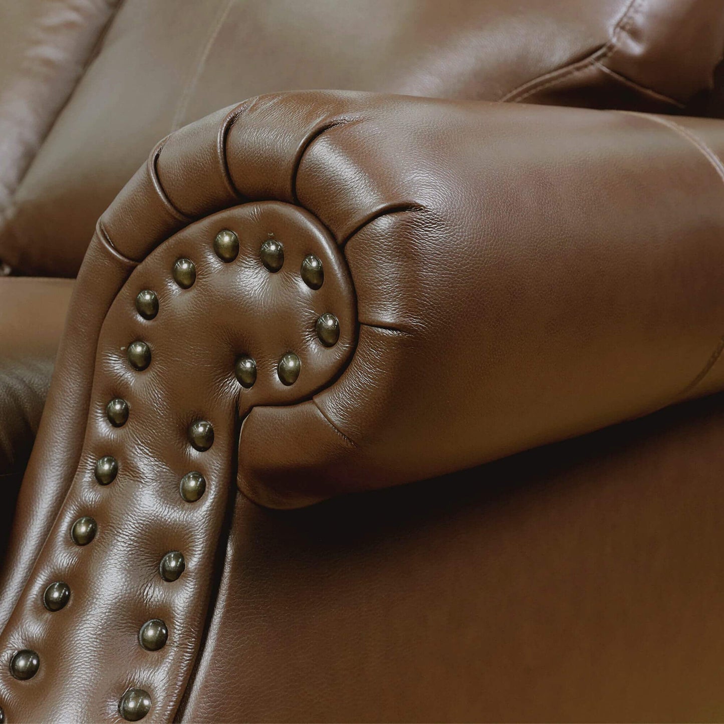 Sunset Trading Charleston 86" Wide Top Grain Leather Sofa | Chestnut Brown Classic 3 Seater Rolled Arm Couch with Nailheads