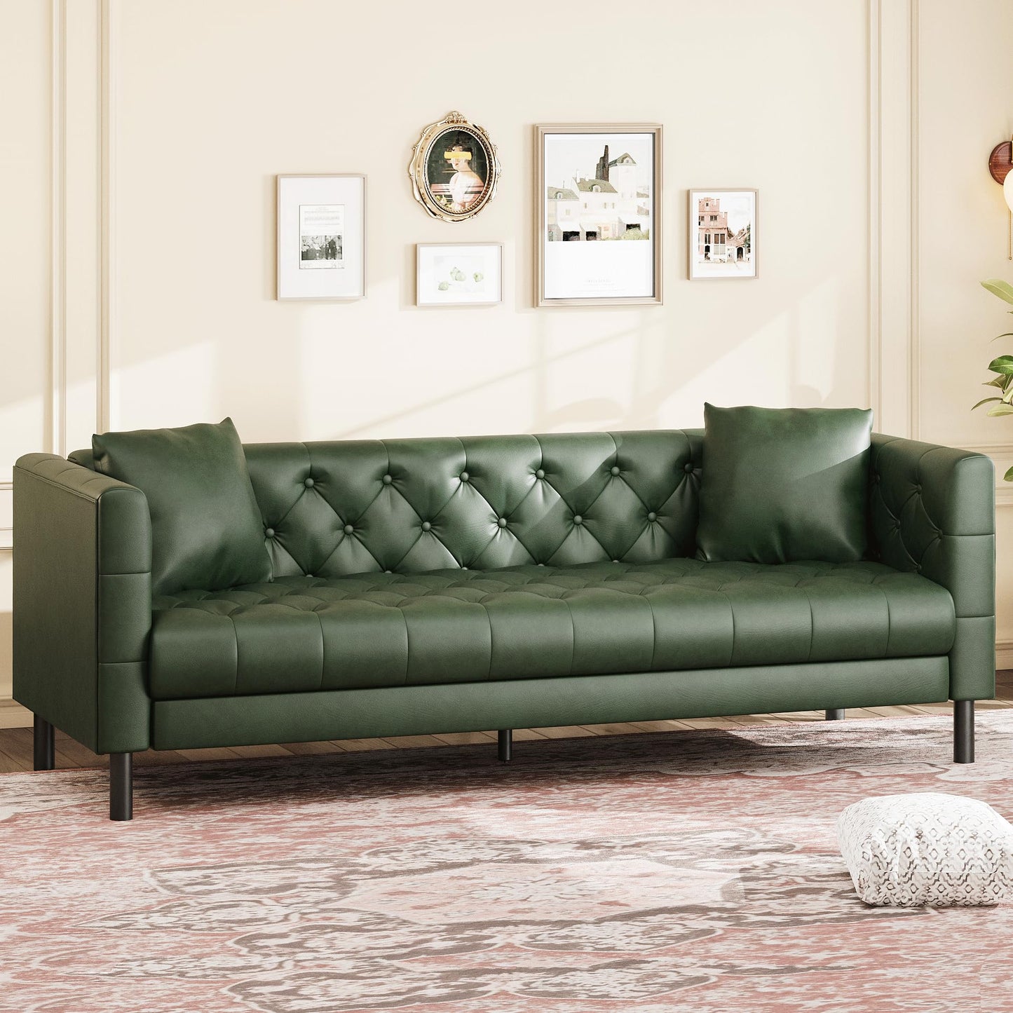 Garvee 81 in Leather Couch for Living Room, Modern Leather Sofa with Deep Seat, Handmade Button Tufted 3 Seater Sofa, Chesterfield Couch for Apartment or Office, Black, Green