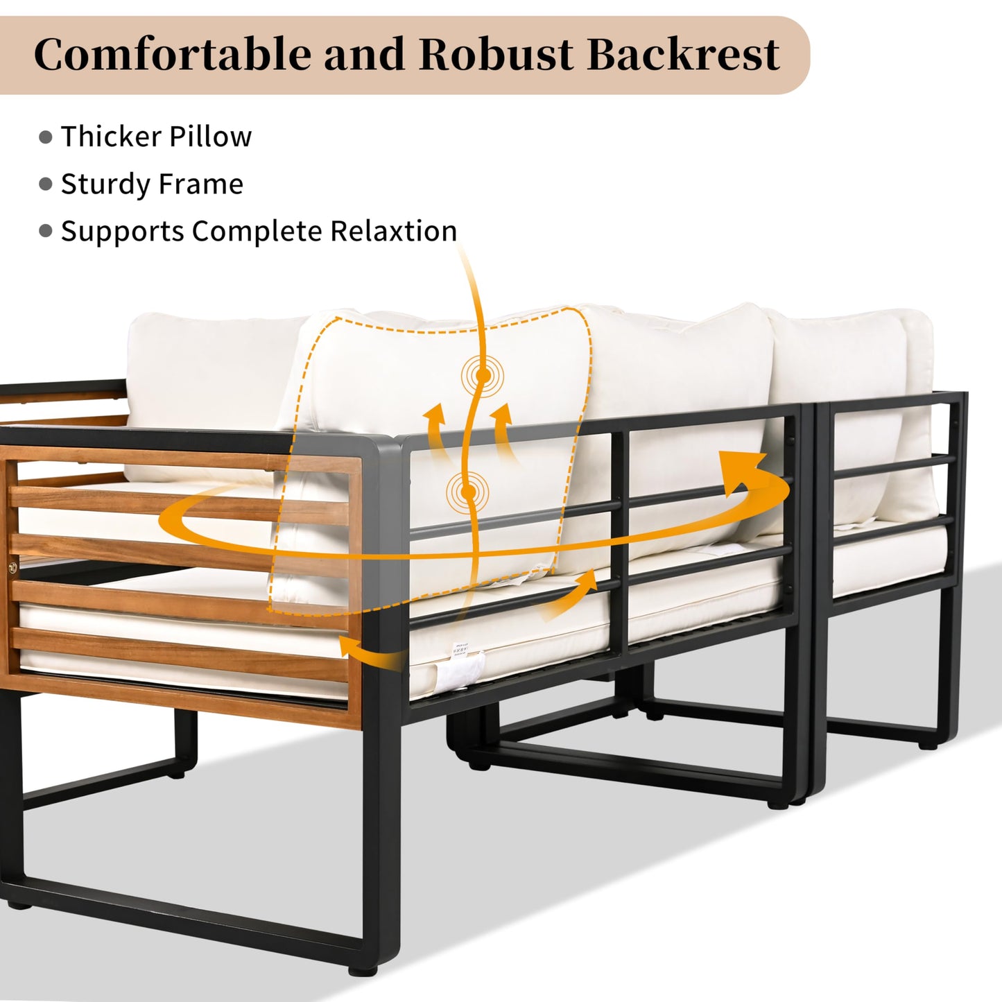 4 Pieces Outdoor Patio Conservation Set, Metal and Wood Frame Sectional L-Shaped Sofa with Soft Cushion and a Coffee Tables for Garden, Backyard, Porch and Deck, Beige