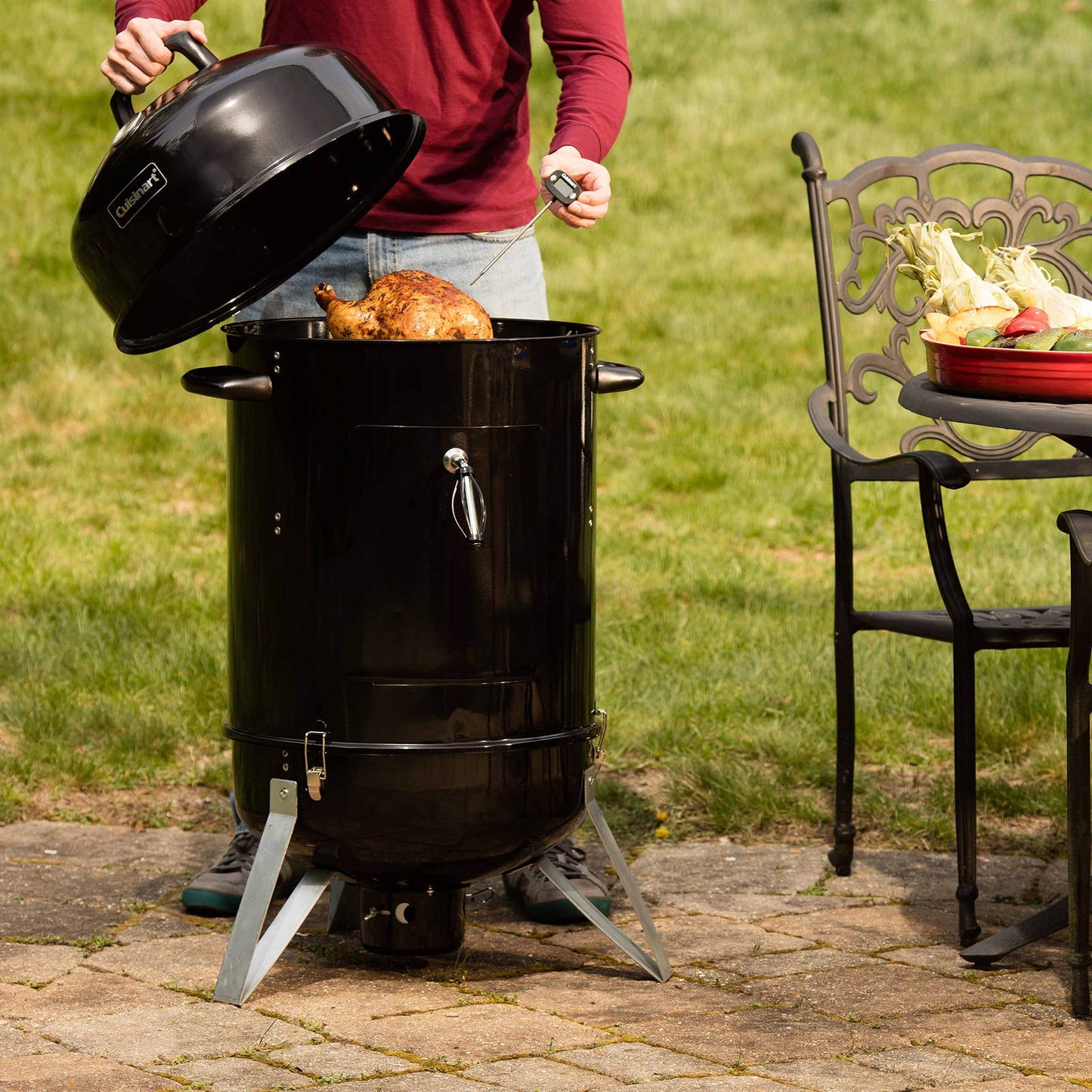 Cuisinart 18” Vertical Charcoal Smoker, Integrated Thermometer, Water Bowl and Dual Vents Perfect for Smoked Brisket, Chrome Plated Grates Smoker Grill for BBQ, Camping, Tailgates