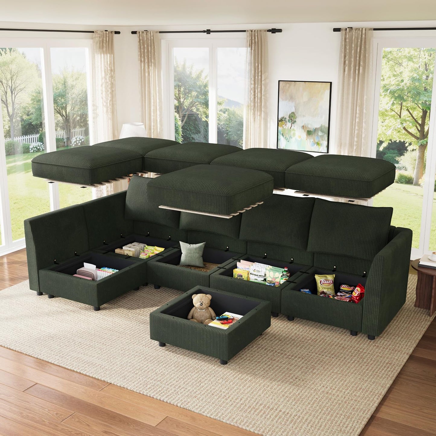 HONBAY Modular Sectional Sleeper Sofa Green Couch L Shaped Sectional Sofa with Storage, Convertible Couches for Living Room - Green