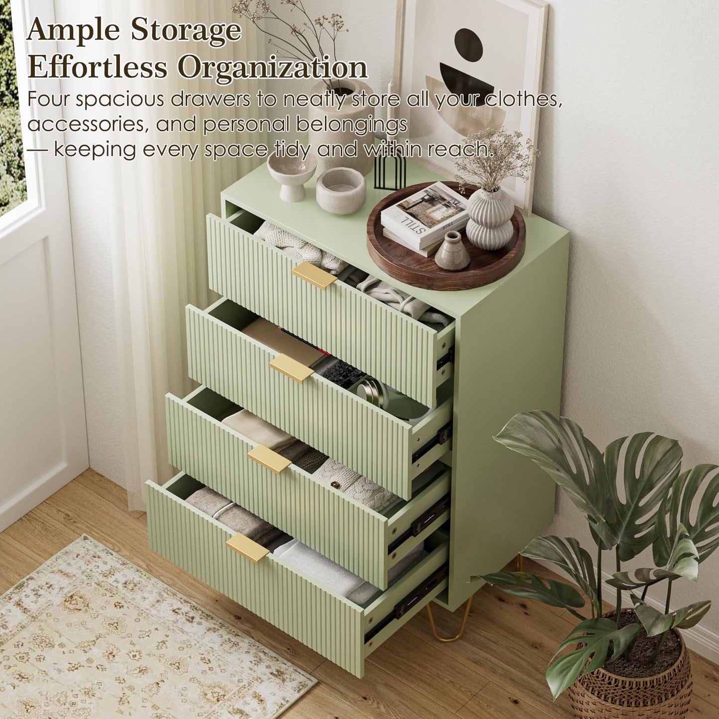 Masupu 4 Drawer Dresser, Drawer Chest, Tall Storage Dresser Chest Cabinet Organizer Unit with Gold Metal Legs, Nightstand for Bedroom, Living Room, Closet, Hallway Green Stripe