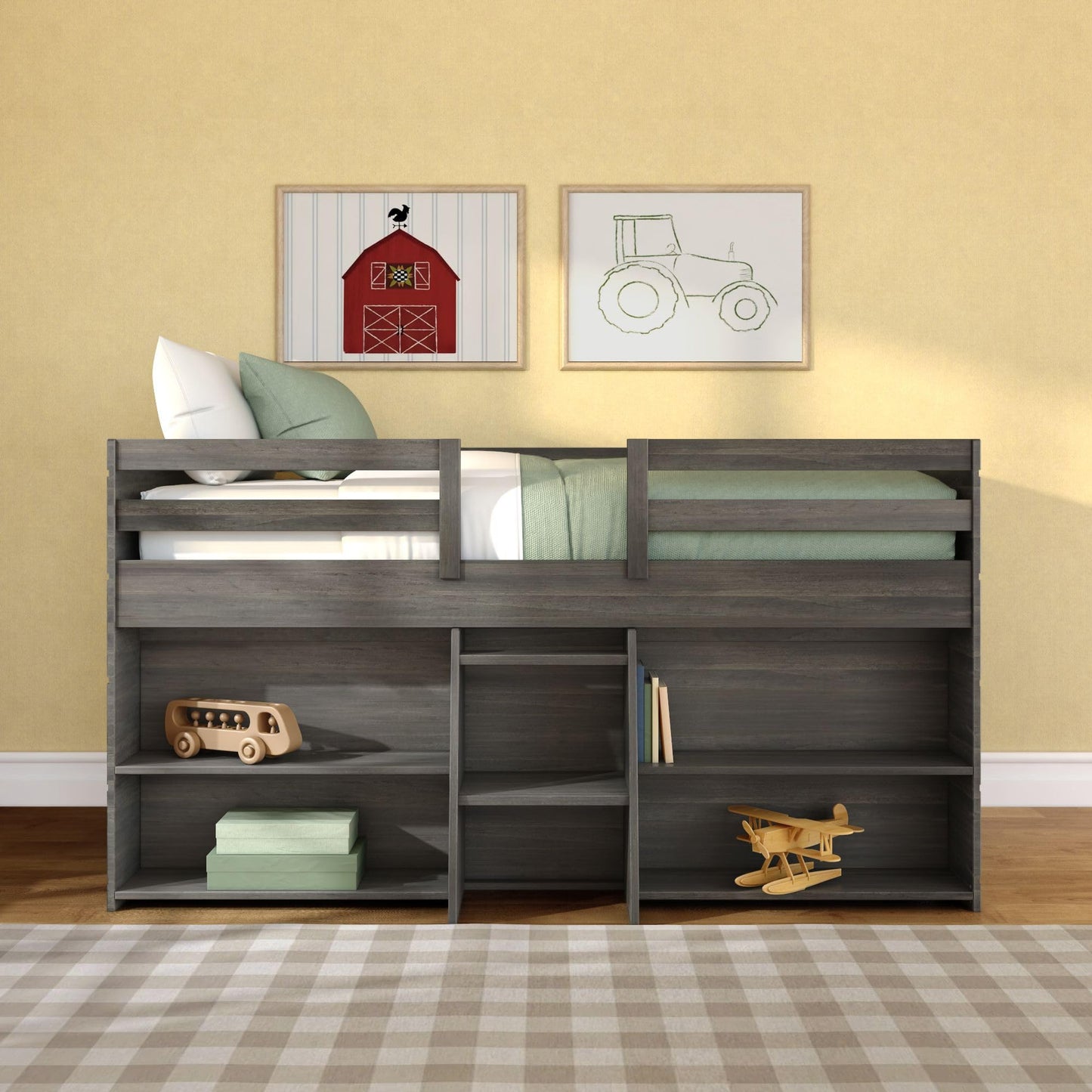 Max & Lily Modern Farmhouse Low Loft Bed, Twin Bed Frame for Kids with 2 Bookcases, Driftwood
