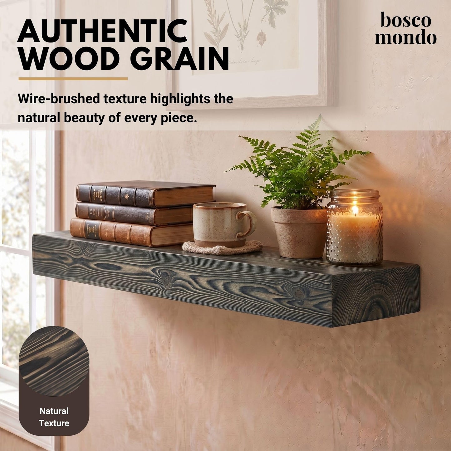 BoscoMondo Solid Wood Fireplace Mantel Shelf, Floating Mantle for Living Room, Farmhouse Rustic Wood Mantel, Easy Wall Mount with Heavy-Duty Metal Bracket (72", Jacobean)