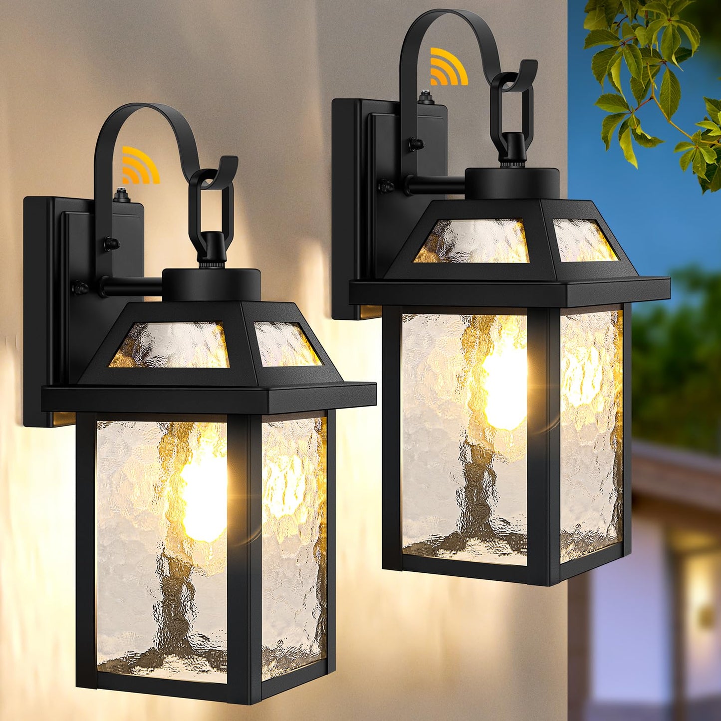 BesLowe Dusk to Dawn Outdoor Wall Lights, Black Metal, 13.8in 2-Pack, Model 30266S, Water Ripple Glass Sconces