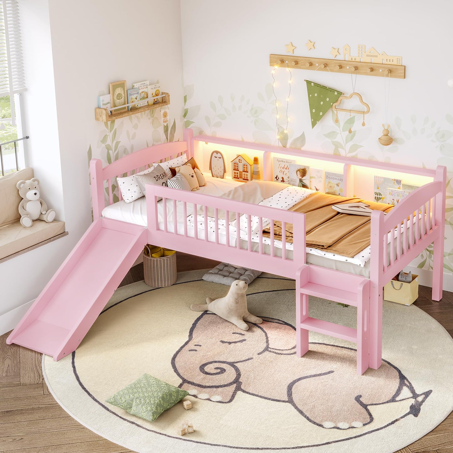 Bellemave Twin XL Loft Bed with Slide and Ladders, Solid Wood Low Loft Bed with Storage Shelves and LED Lights, Loftbed Frame for Kids, Boys, Girls, Childlike and No Box Spring Needed Design, Pink