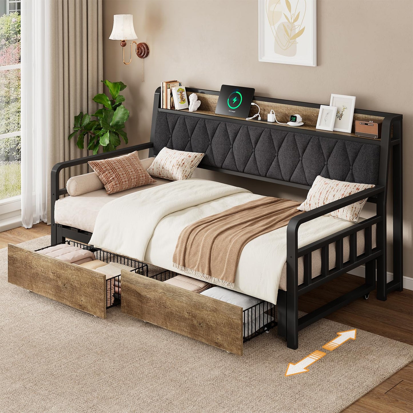 Convertible Daybed with Trundle, Twin to King Sofa Bed with Storage Drawers, Day Beds with Pop up Trundle, Upholstered Headboard & Power Outlet, Metal Platform Frame for Living Room, Guest Room, Black