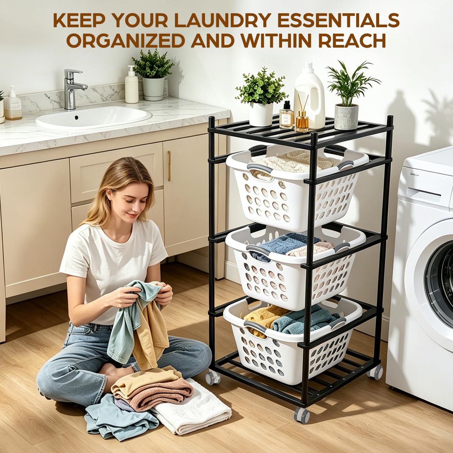 Wooden Laundry Shelf with 3 Large Laundry Baskets, Rolling Laundry Organizer with Wheels, Vertical & Horizontal Assembly, Space-Saving Storage Rack for Bathroom, Bedroom, Laundry Room (Black)