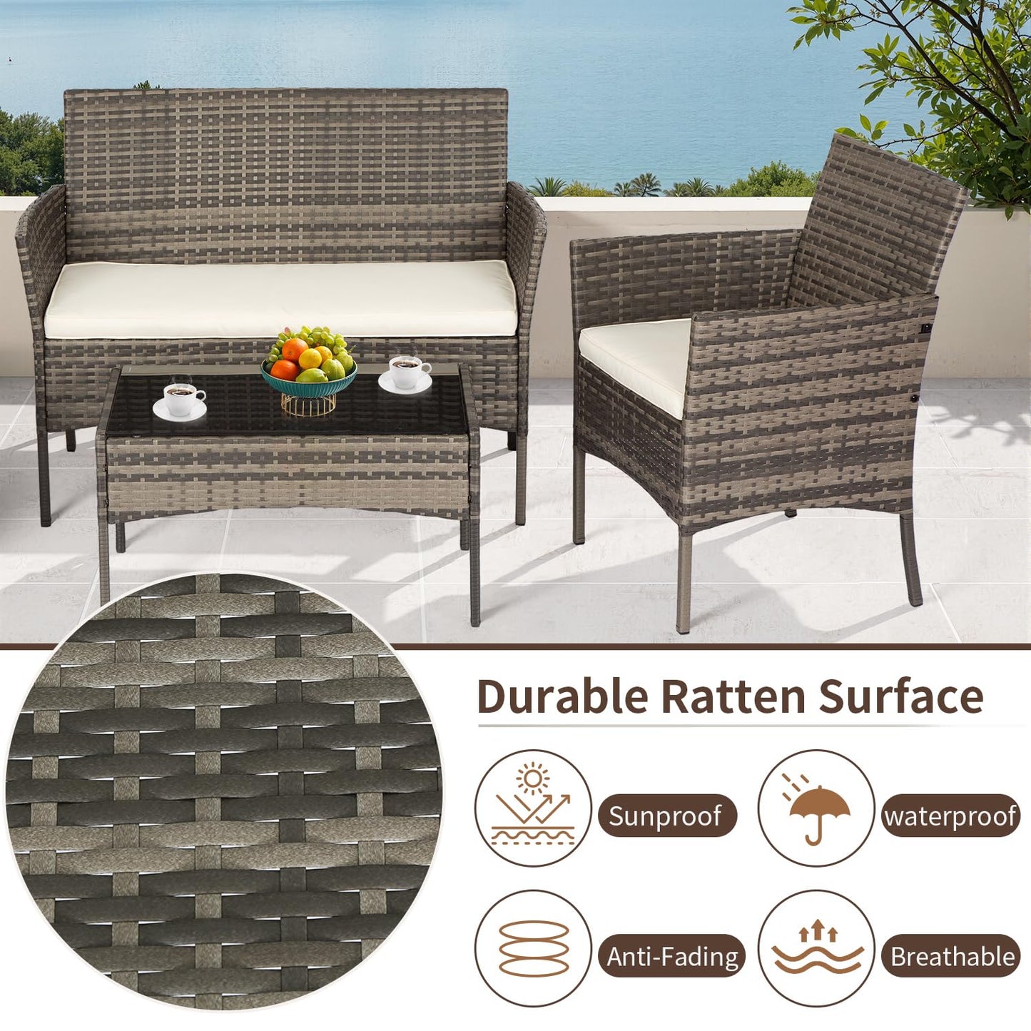FDW Outdoor Patio Furniture Set Wicker Patio Set PE Rattan Furniture Bistro Set for Outdoor Indoor Use with Loveseats Coffee Table, Khaki Cushions, 4 Pieces