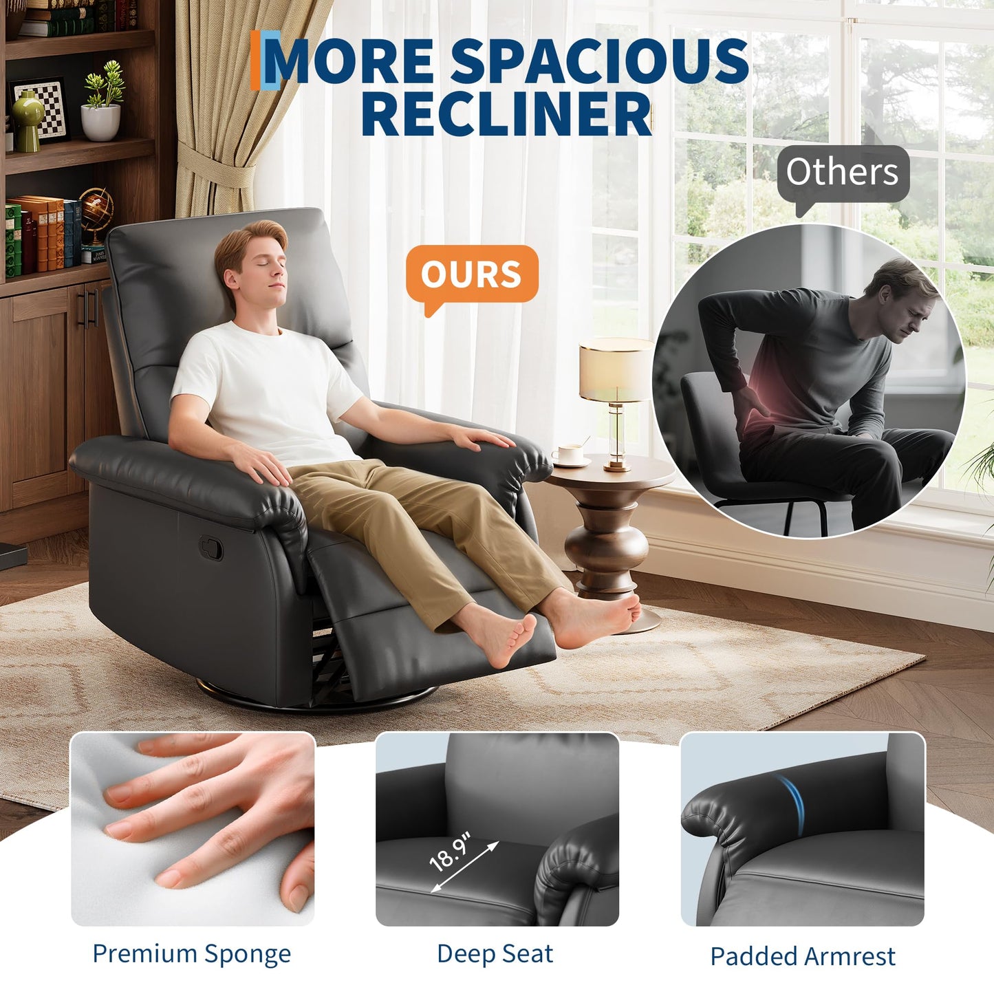 Manual Recliner Chair for Adults, PU Leather Swivel Rocker Recliner with Padded Armrests, Modern Upholstered Reclining Chair for Living Room or Nursery (Black)