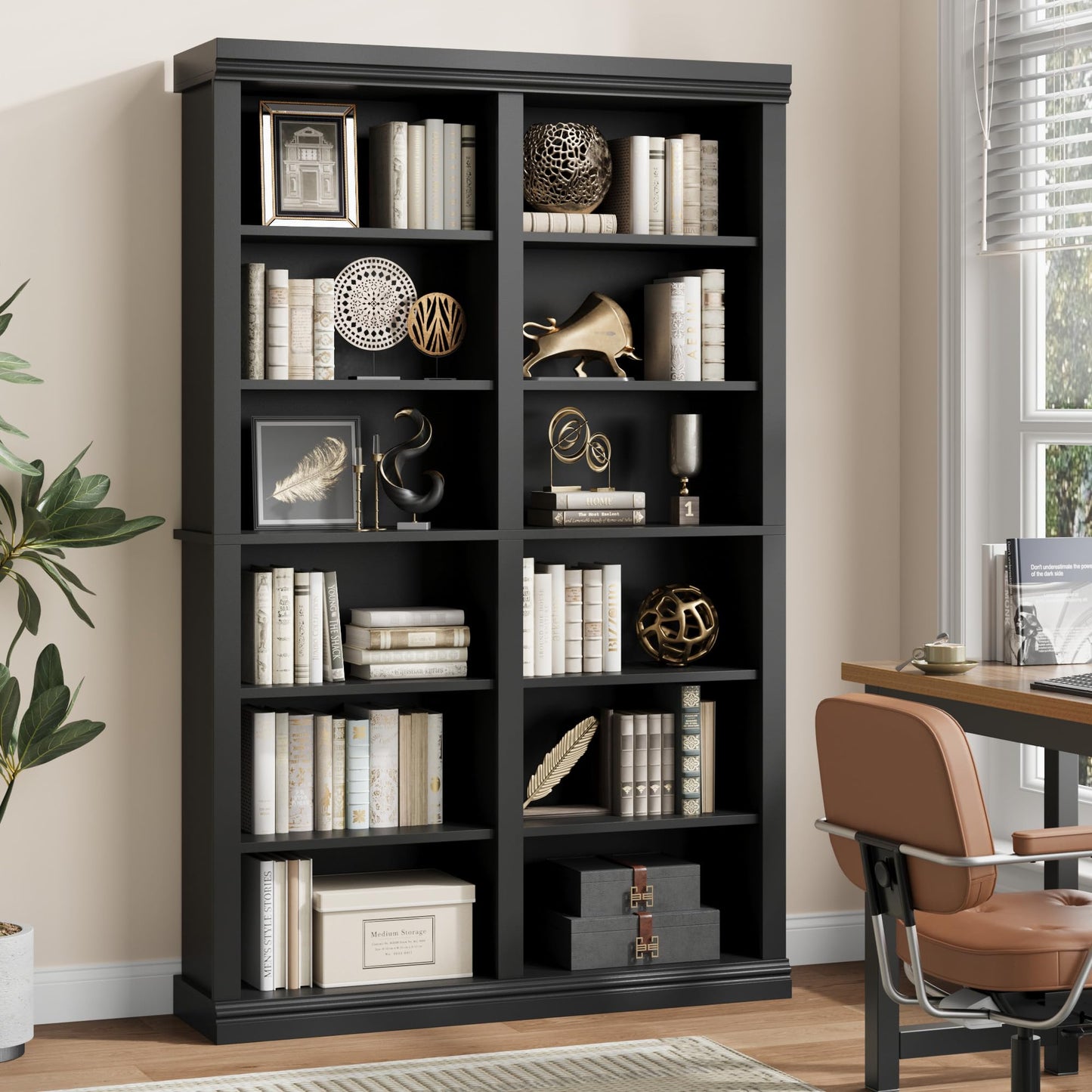 Garvee 74.5" Tall Bookshelf with Double Storage, 6-Tier Large Bookshelf, Double Wide Bookshelves w/ 12 Cubbies, Wide Freestanding Bookcases for Livingroom Office Library (Blcak, 74.5"H*46.1"W*12.4"D)