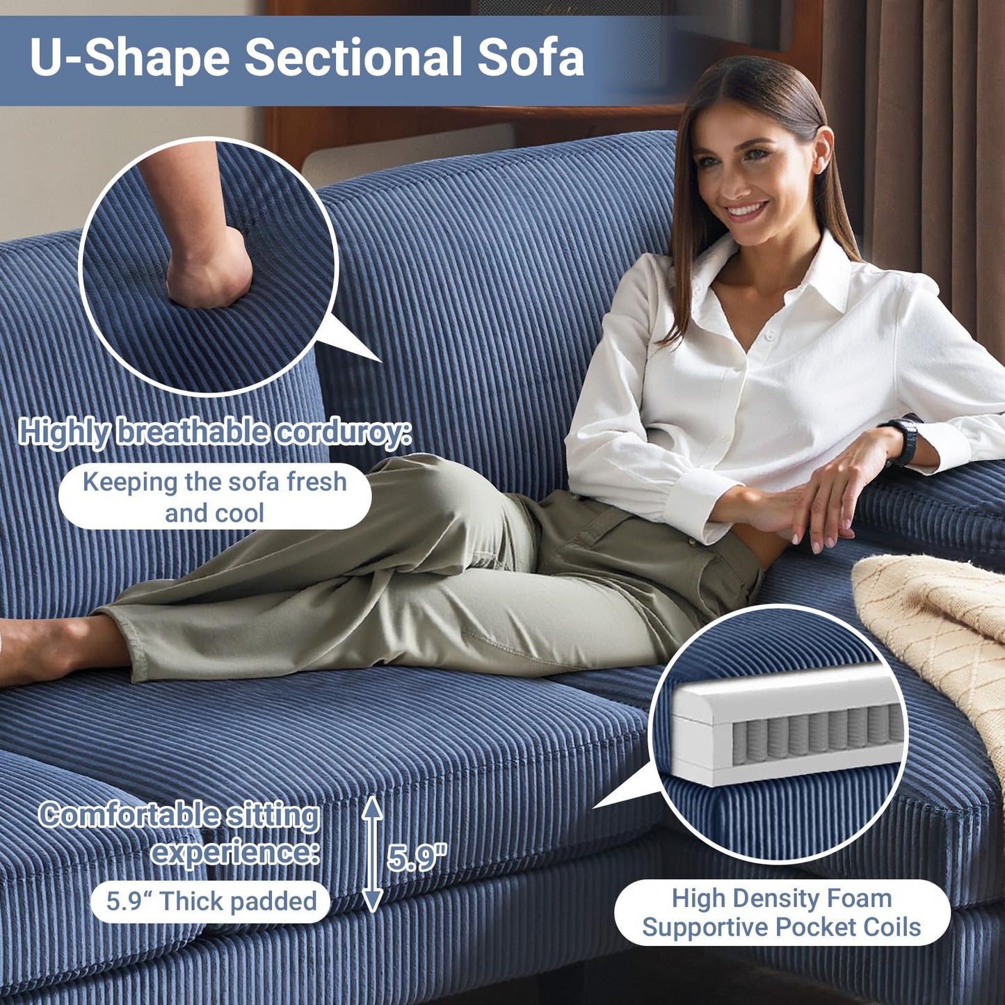 VINGLI 110" Sectional Couches for Living Room,U Shaped Couch with Double Chaise, 4-Seat Sofa Set with Corduroy Fabric for Home Furniture,Ocean Blue