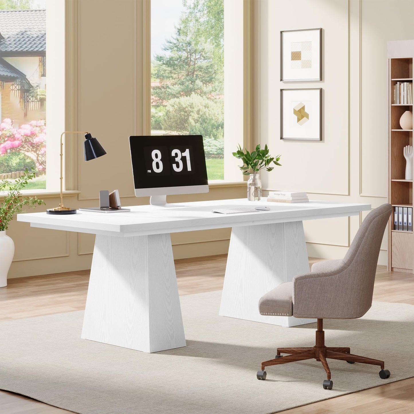 Tribesigns 63-Inch Executive Desk, Large Office Computer Desk with Double Pedestal, Modern Simple Workstations Writing Table Conference Table Business Furniture for Home Office, White