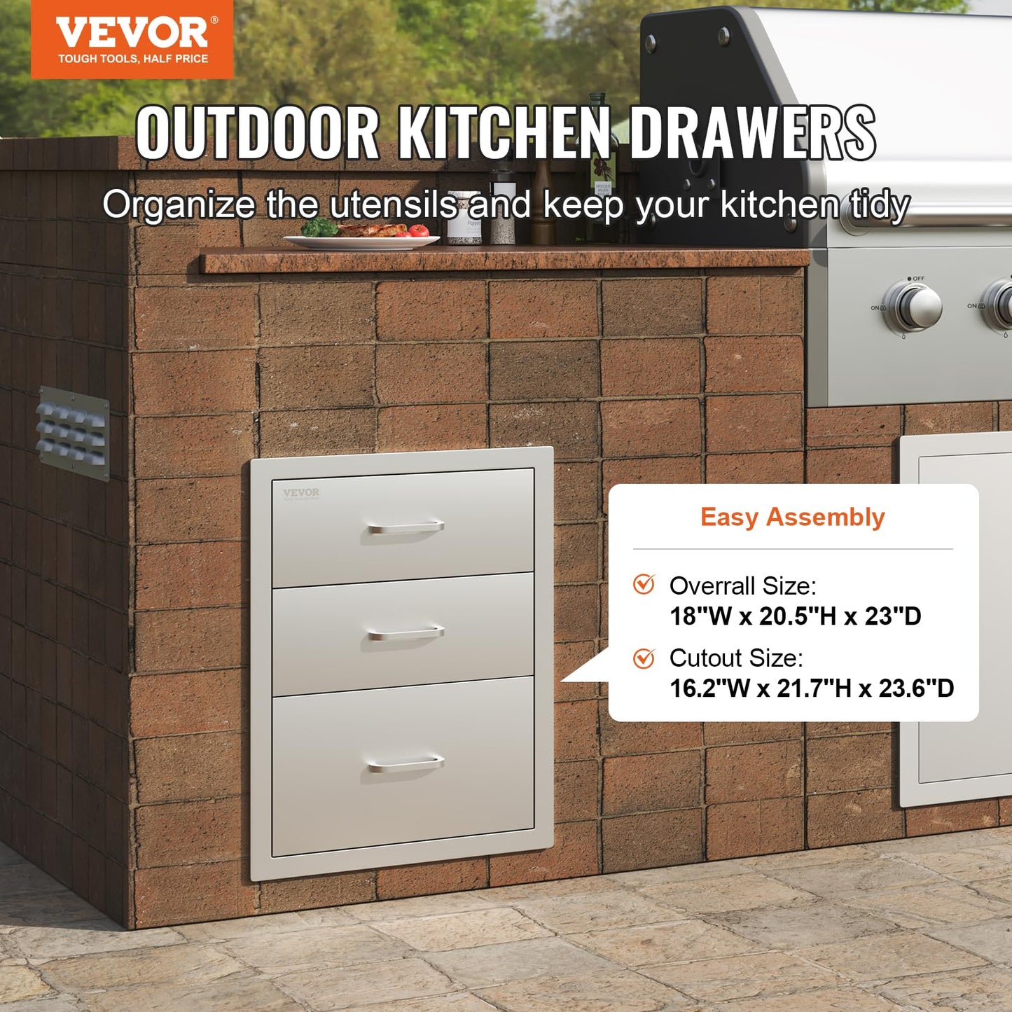 VEVOR 18x23 Inch Outdoor Kitchen Cabinets 18W x 20.5H x 23D Inch, BBQ Drawers Stainless Steel, Outdoor Kitchen Drawers Triple Access with Chrome Handle, BBQ Island Drawers, Grill Drawers Storage