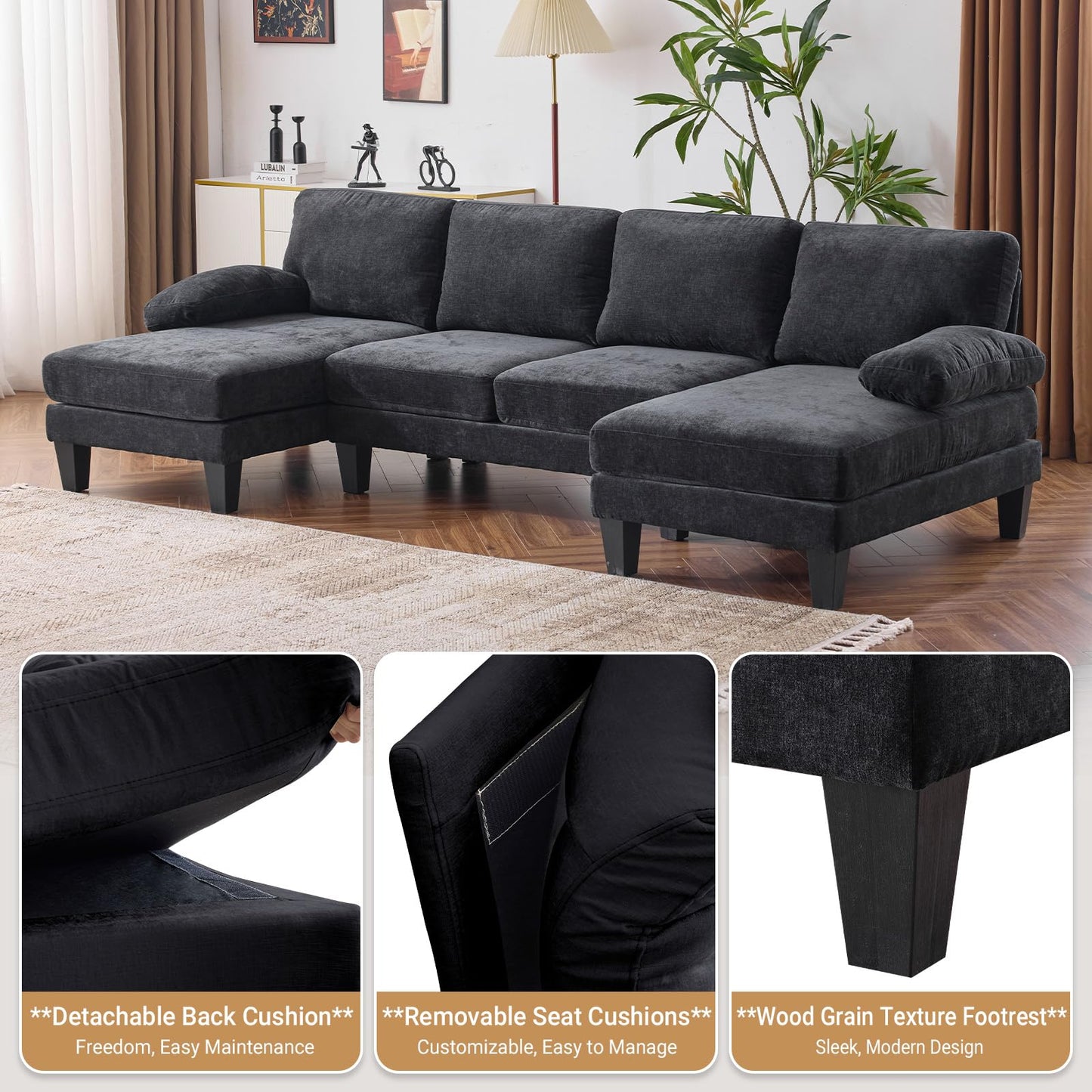 VINGLI 110" Sectional Couches for Living Room,U Shaped Couch with Double Chaise, 4-Seat Sofa Set with Chenille Fabric for Home Furniture,Black