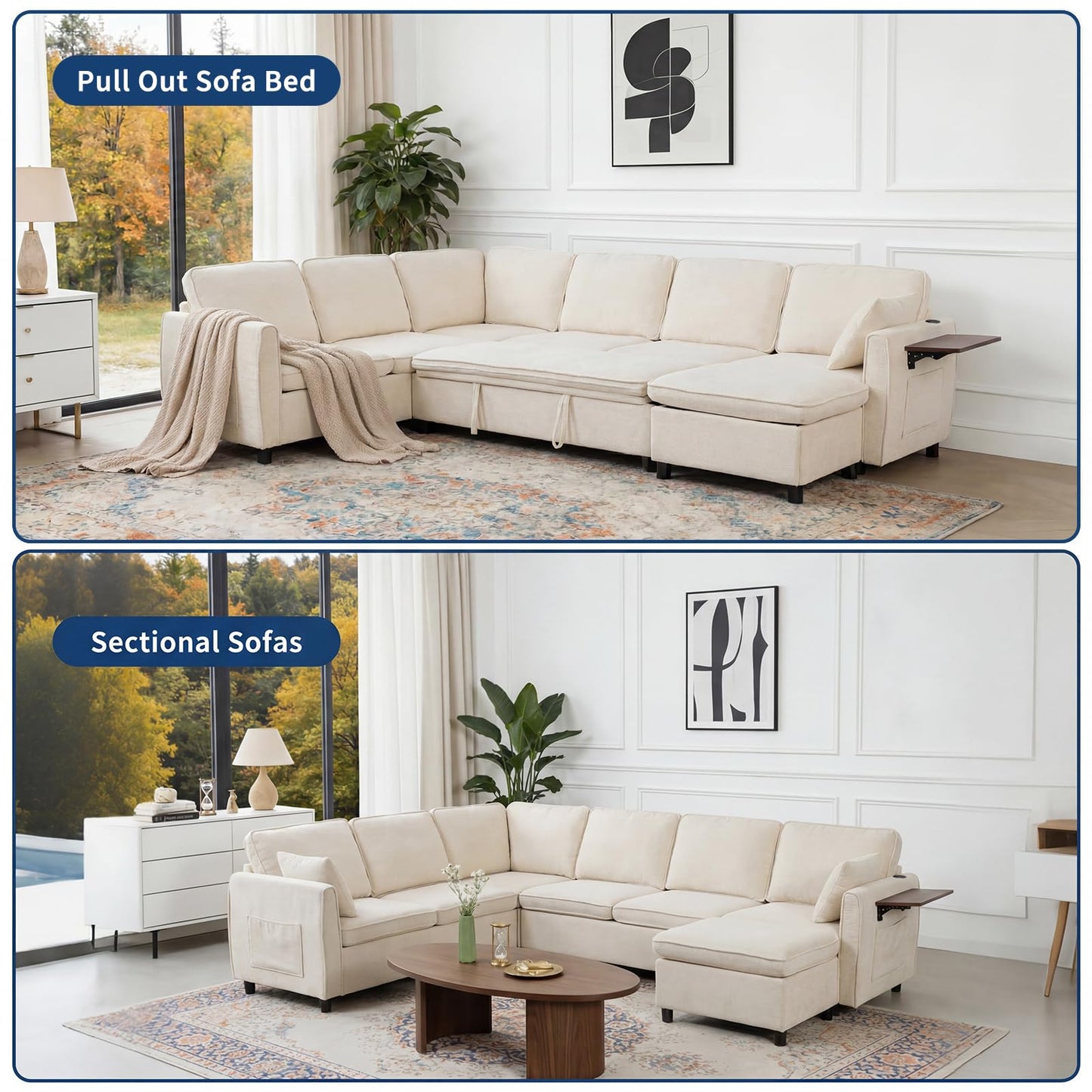 Modular Sectional Couch with Pull Out Sofa Bed, 116" U Shaped Modular Cloud Sofa Set with Ottoman, Charging Port & Foldable Side Table, 7 Seater Comfy Chenille Sleeper Couch for Living Room, Beige