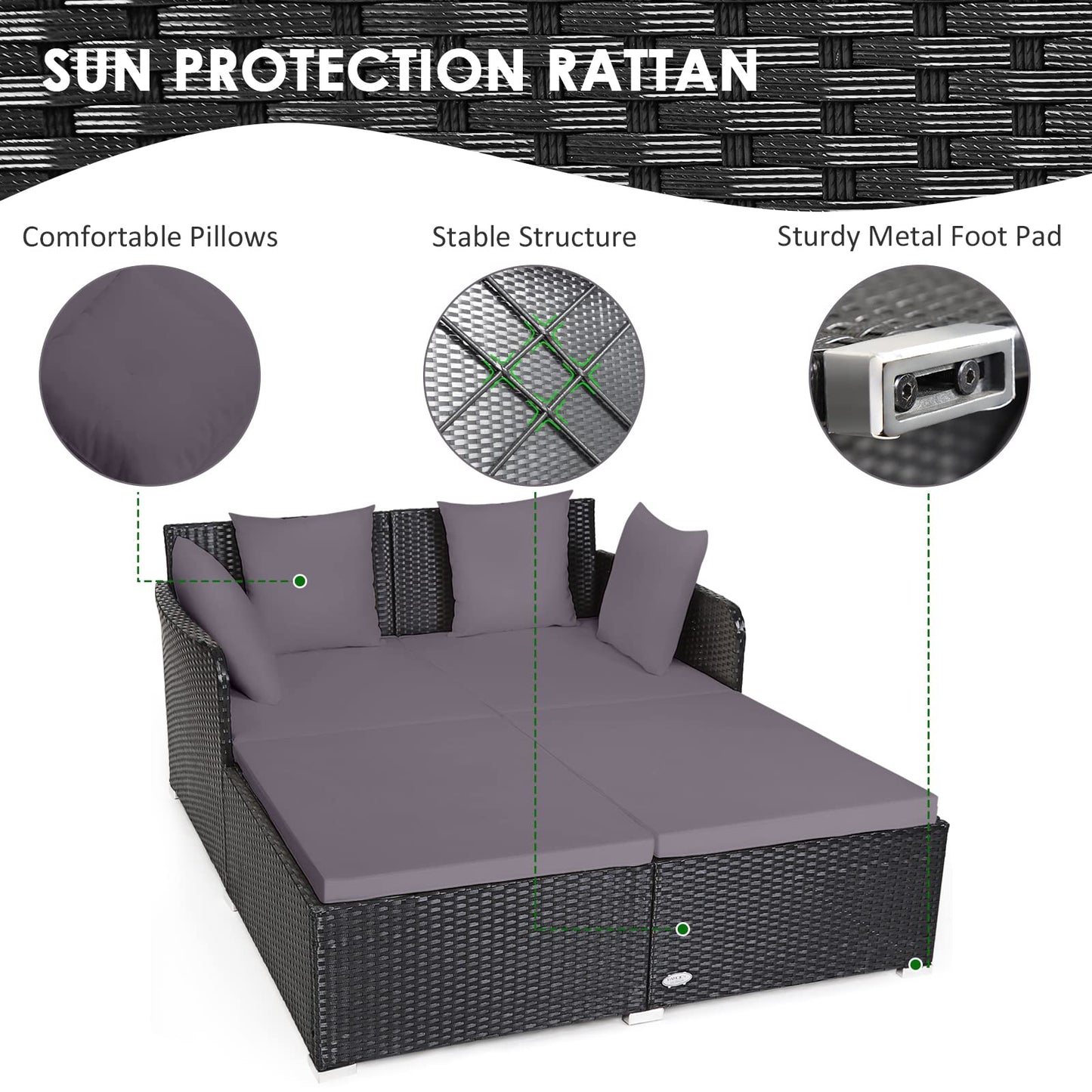 Tangkula Outdoor Rattan Daybed, Sunbed Wicker Furniture w/Spacious Seat, Upholstered Cushion & High-Resilience Sponge, Wicker Patio Sofa Set w/Extra Pillows for Courtyard Poolside (Grey)
