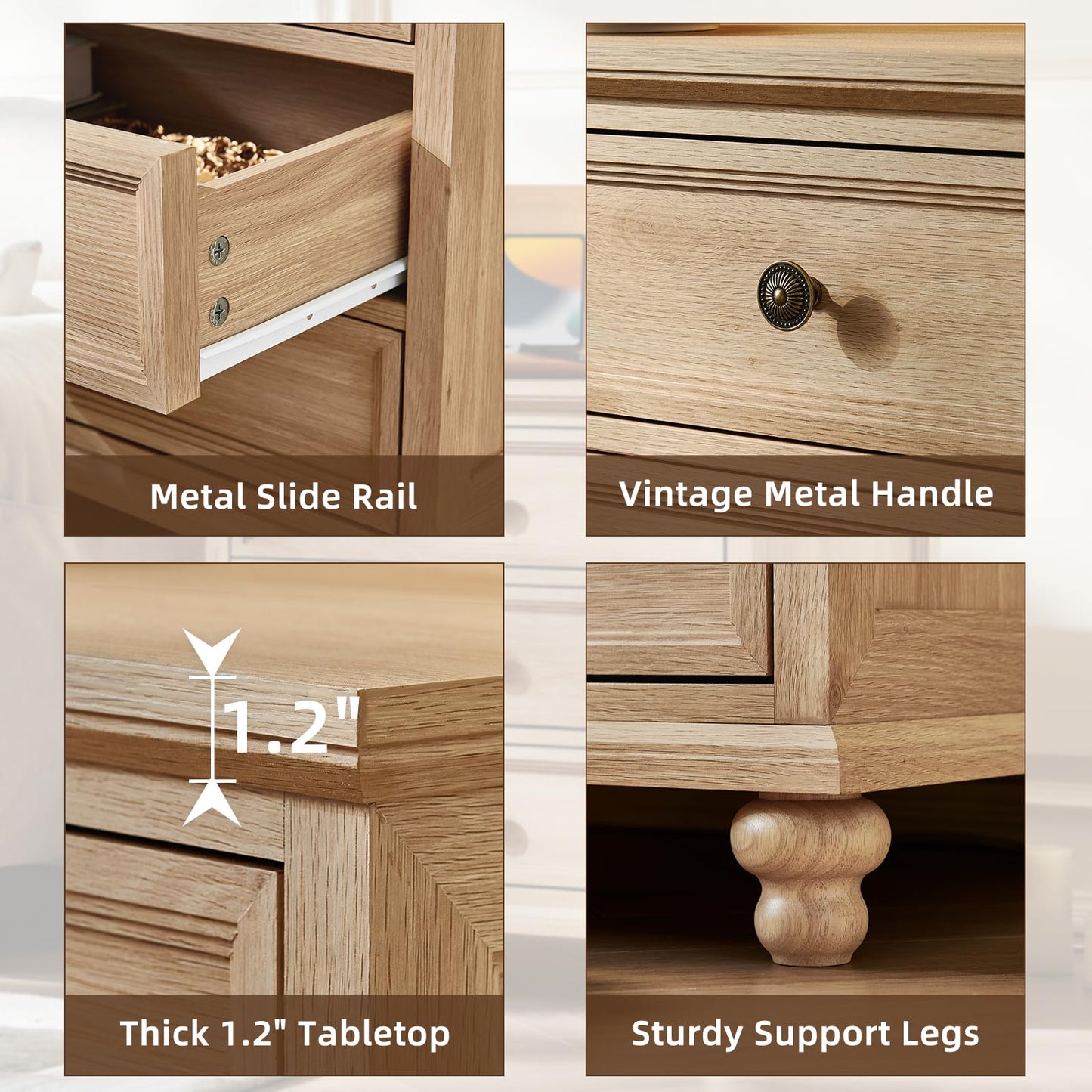 Joaxswe 24" Wide Farmhouse Night Stand Set of 2,Large End Table with 3 Drawers & Metal Handle,Natural Wood Dresser for Bedroom Cabinet, Bed Side Table Chest of Drawers,Nightstand for Living Room