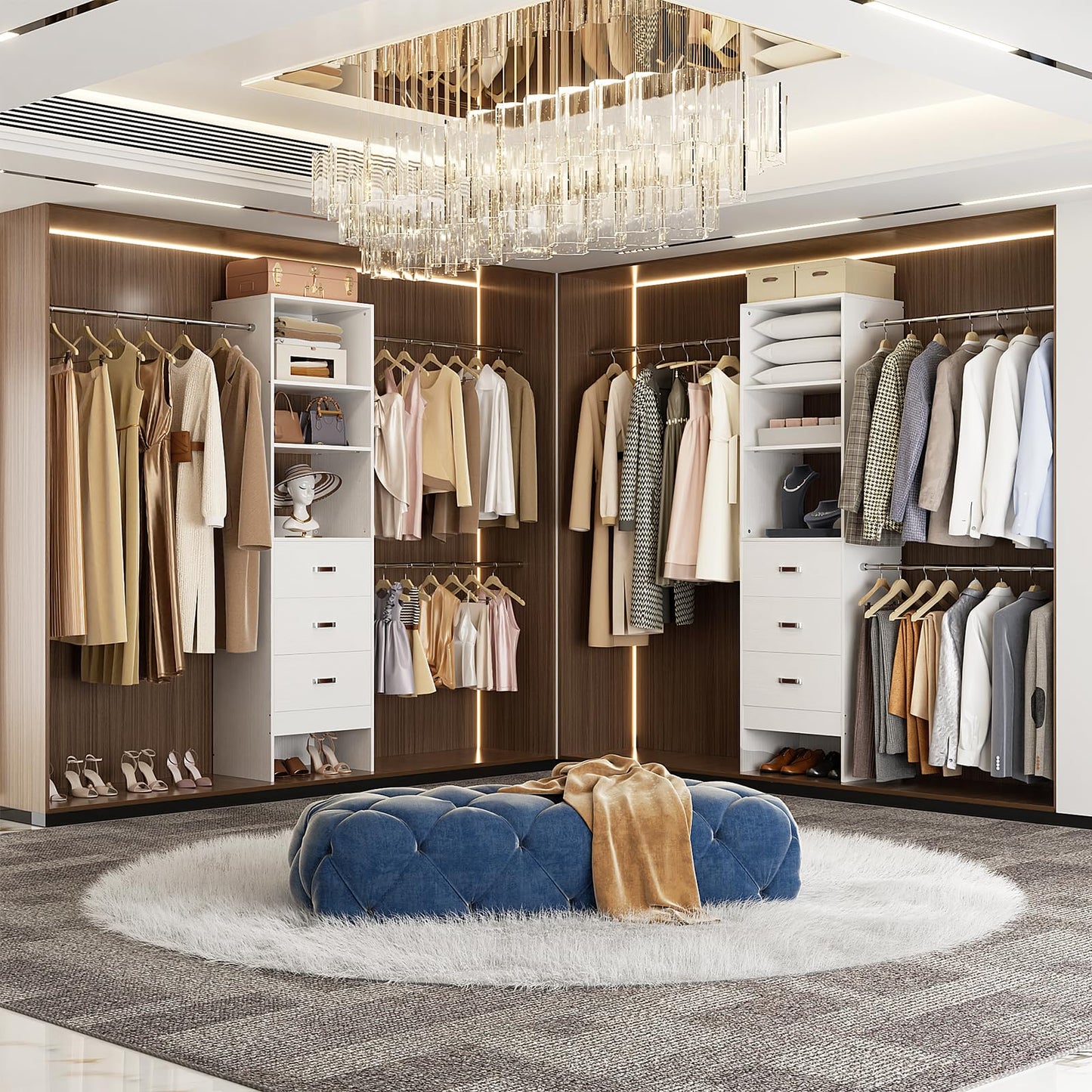 Besiost 96'' Closet Organizer System with 3 Hanging Rods, 8FT Closet Organizers and Storage with 3 Wooden Drawers, Built in Closet Organizer Systems, Adjustable Walk-in Wardrobe from 5-8FT, White