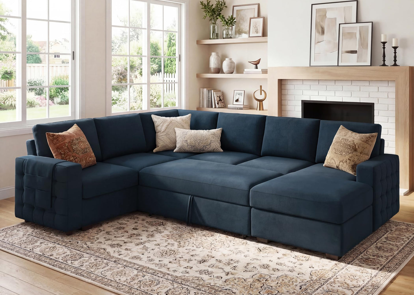 HONBAY Sectional Sleeper Sofa with Pull Out Bed U-Shape Sectional Couch Sleeper Bed with Storage Chaise Lounge Living Room 6 Seater Sectional Sofa,Velvet Dark Blue
