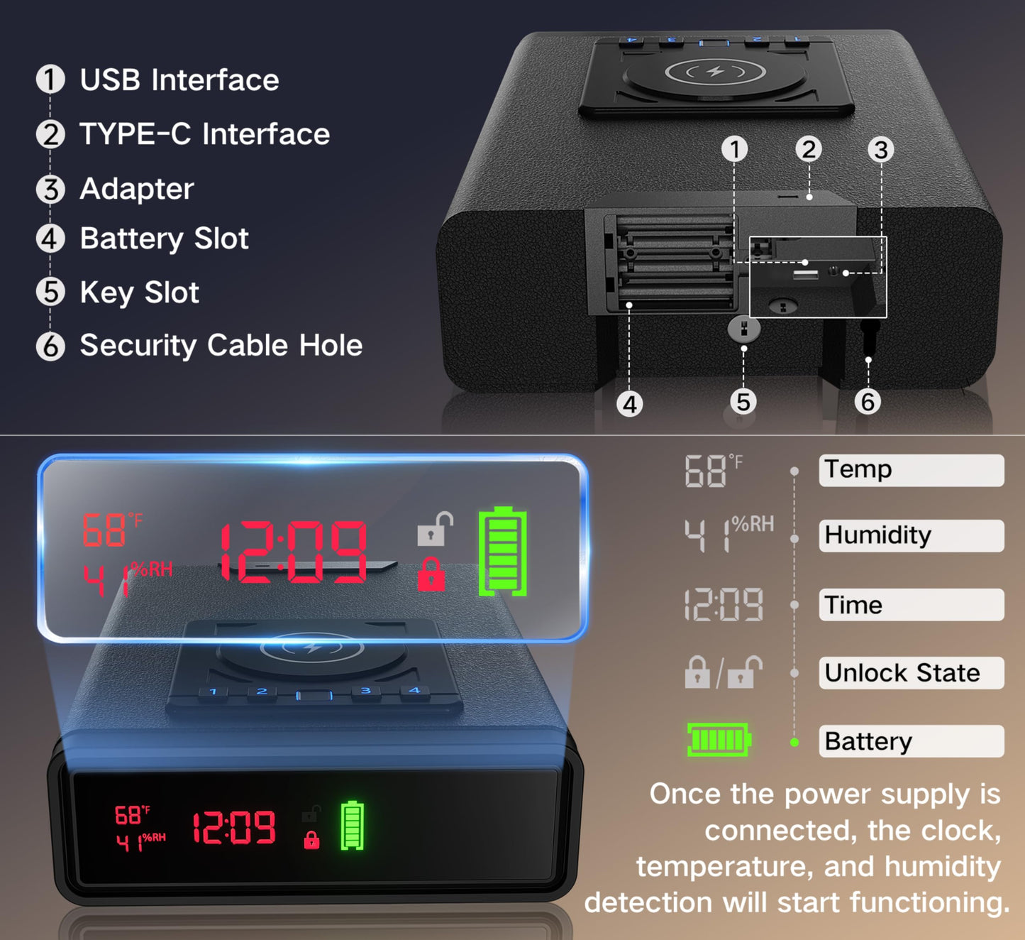 ORARAER Biometric Smart Gun Safe with Wireless Charging, 3 Quick Access Money Box with Fingerprint - Compact Bedside Drawer Safe, 24/7 Digital Clock handgun safe,Gifts for Men