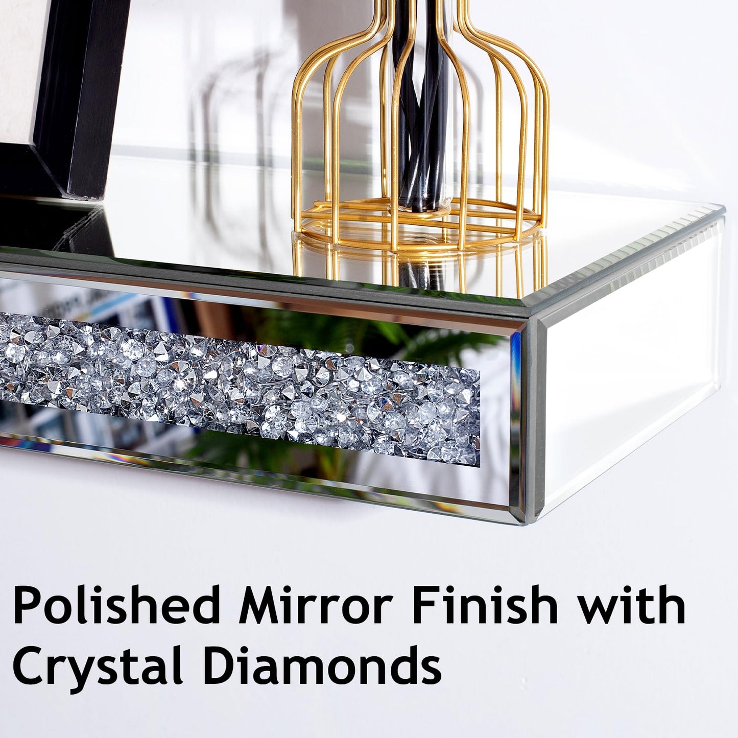 blingworld Mirrored Fireplace Mantel 60 Inches, Handcrafted Glass Mantel for Over Fireplace, Crystal Crushed Diamond Fireplace Mantel Shelf, Wall Mounted Floating Fireplace Mantels, Silver