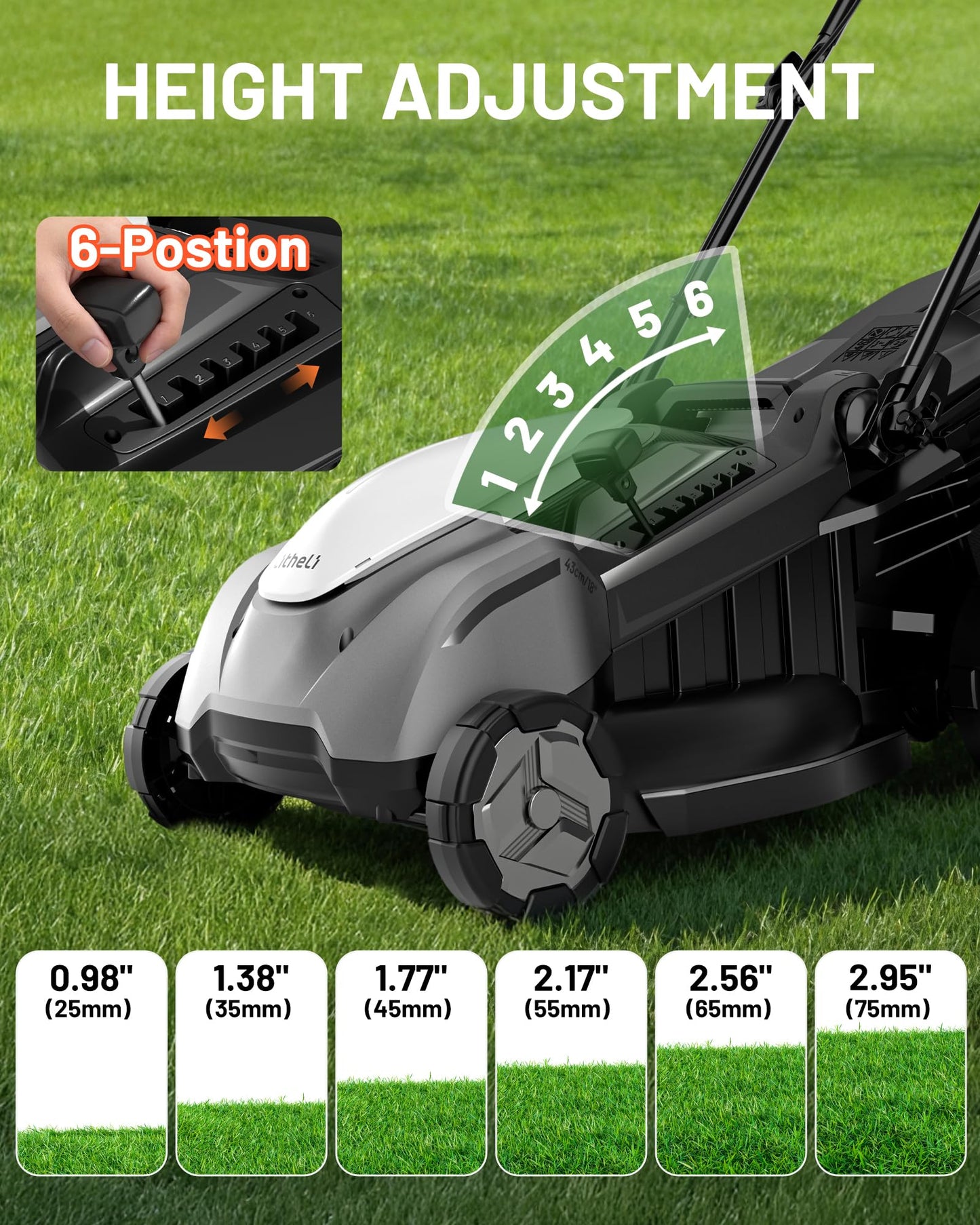 Litheli 18-inch 40V Brushless Lawn Mower for Garden Yards, Lightweight Cordless Lawn Mower Battery Powered with 6-Position Height Adjustment, 2x5.0Ah Battery Included