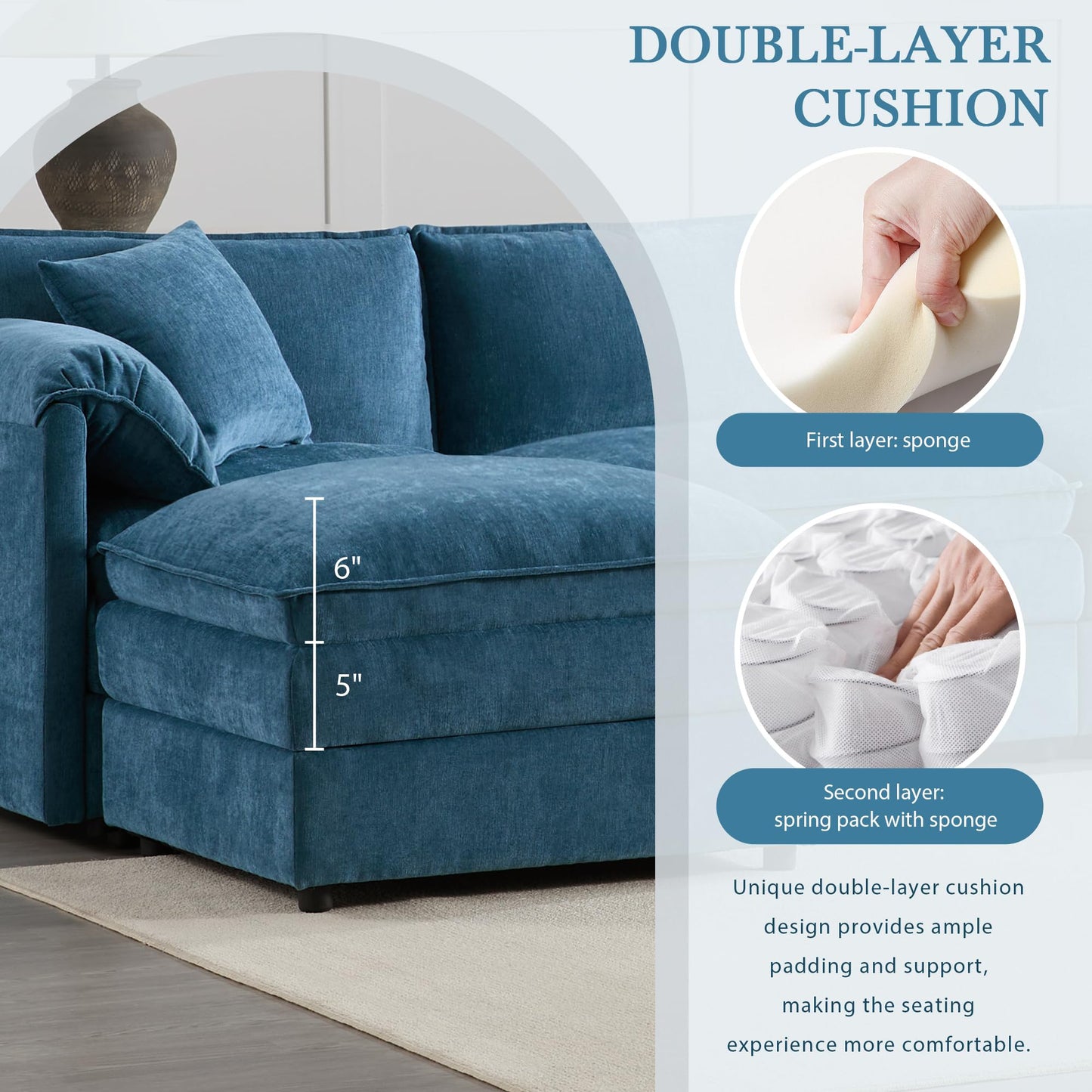 Merax Modern L Shaped Cloud Couch Set with Double Cushions, 4 Seat Sectional Sofa Sleeper Bed with Movable Ottoman & 2 Pillows, 103" Chenille Modular Sectional Sofa with Deep and Wide Seat, Blue