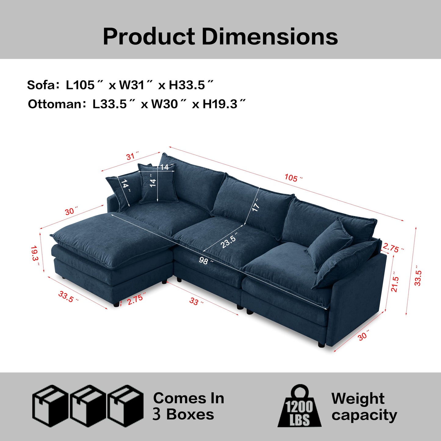 KEIKI 3 Seater Chenille Modular Sectional Couch Sofa with Ottoman, Double-Layer Seat Cushions & Back Cushions, Modern L-Shape Upholstered Cloud Soft Sofa Couches Chaise Lounge for Living Room