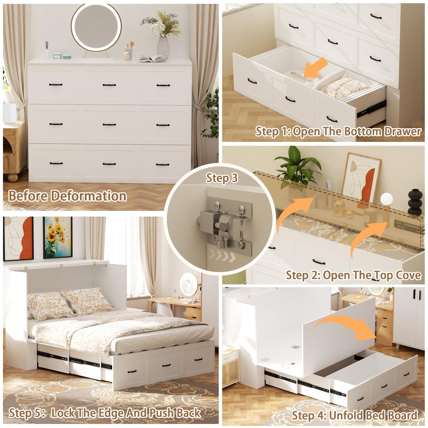 Full Size Murphy Bed Wood Wall Bed Cabinet with Large Drawer Space-Saving Hidden Foldable Platform Bed Chest Mobile Cabinet Bed Frame Storage Cabinet with USB Ports for Bedroom, Guest Room White