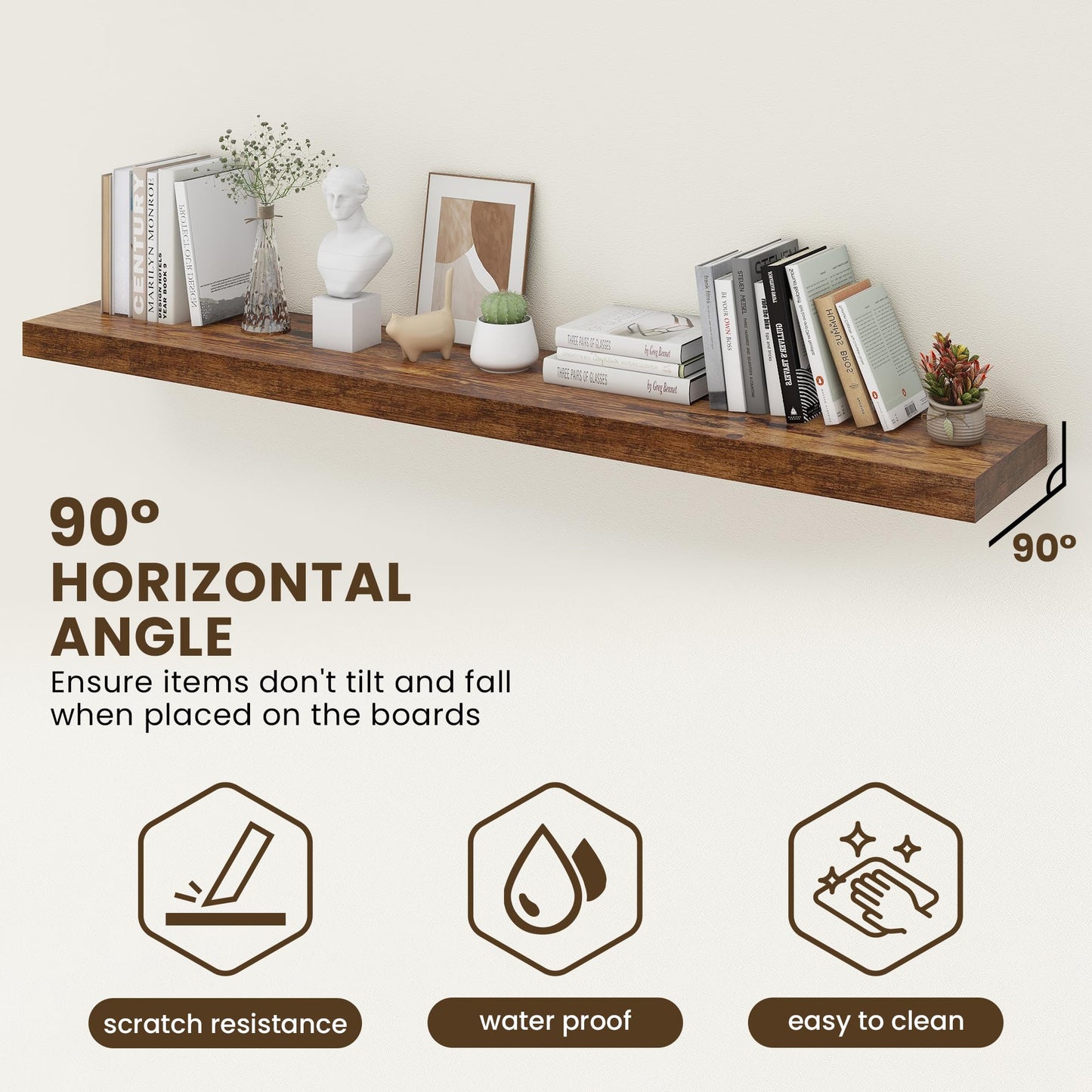 FLYJOE 72 Inch Floating Shelves | 12 Inch Deep Floating Shelves Set of 2 | 72" W x 12" D Rustic Brown Wood Wall Shelves for Bathroom Living Room Kitchen Laundry Room